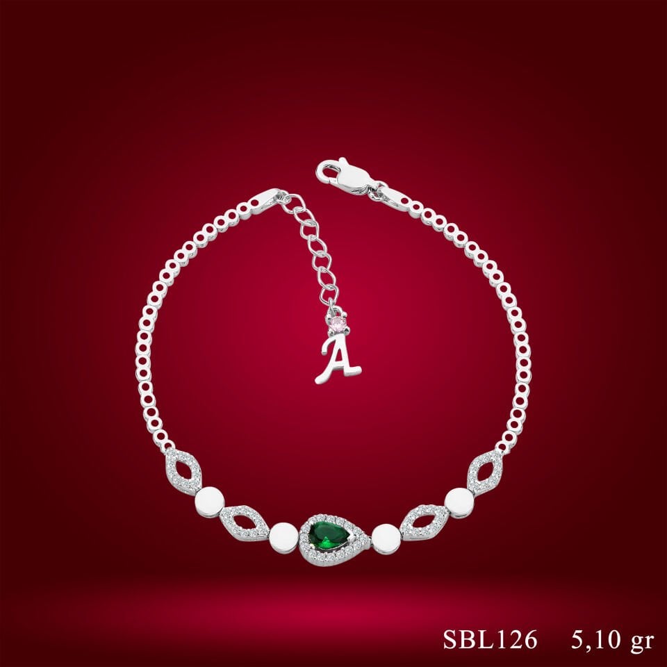 925 Ayar Gümüş Yeşil Damla Model Zincir Harfli Su Yolu Bileklik