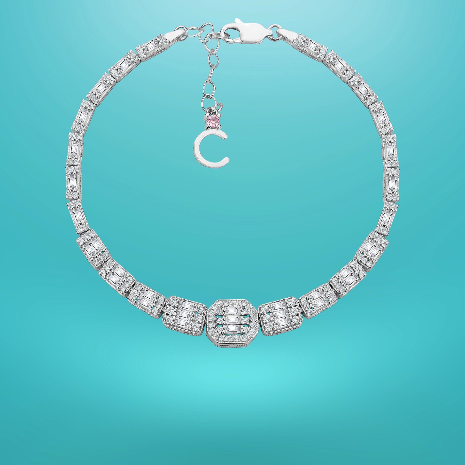 925 Ayar Gümüş Ful Baget Taşlı Zincir Harfli Su Yolu Bileklik C