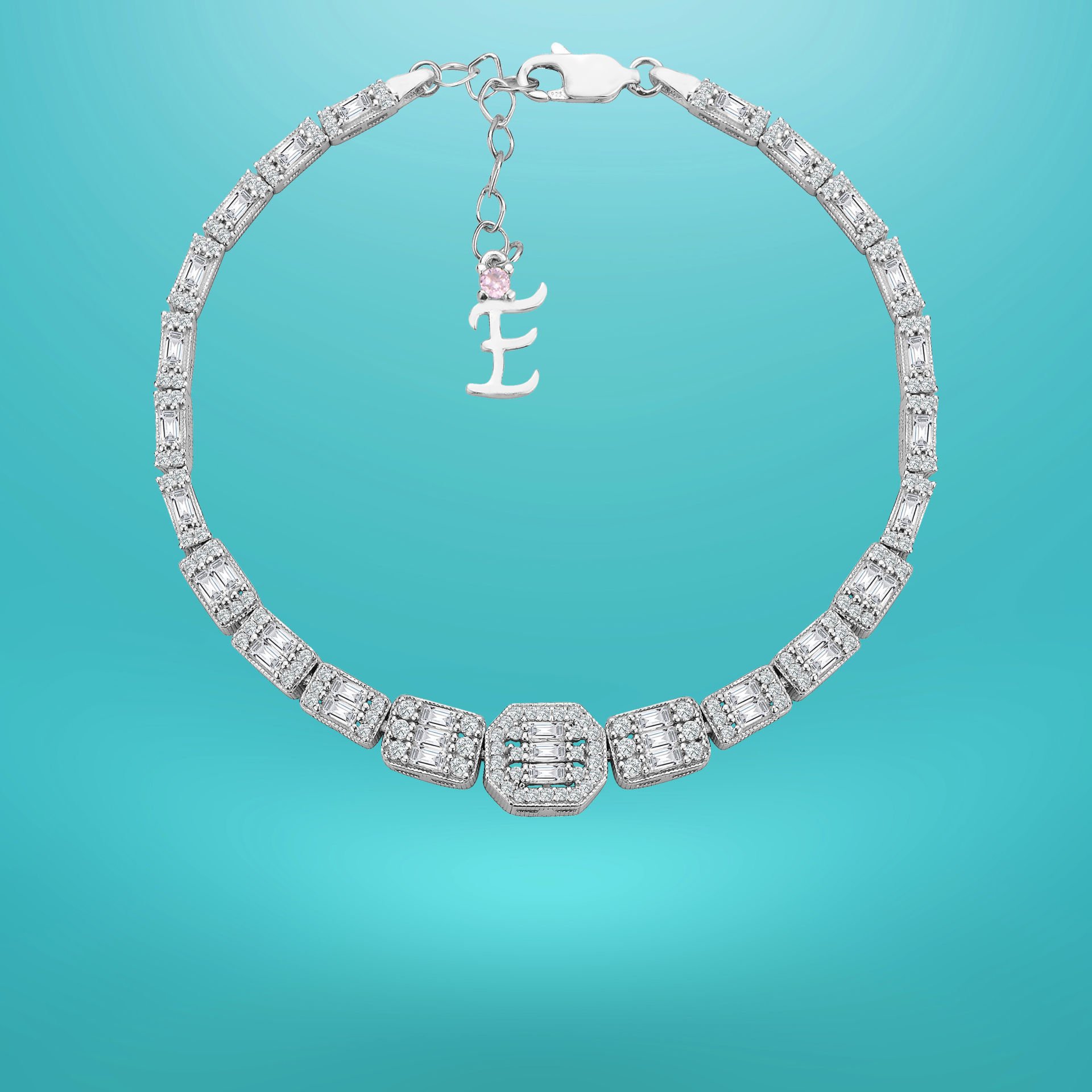 925 Ayar Gümüş Ful Baget Taşlı Zincir Harfli Su Yolu Bileklik E