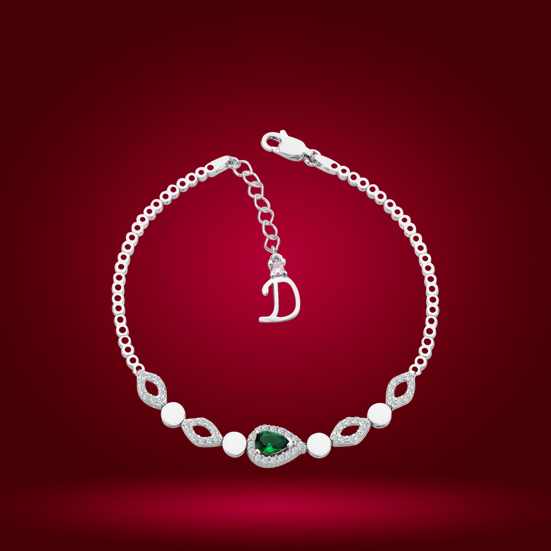 925 Ayar Gümüş Yeşil Damla Model Zincir Harfli Su Yolu Bileklik D