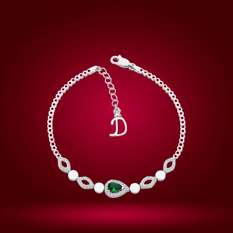 925 Ayar Gümüş Yeşil Damla Model Zincir Harfli Su Yolu Bileklik D