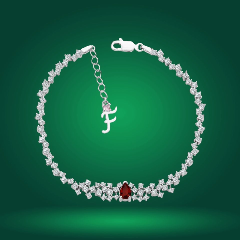 925 Ayar Gümüş Pırlanta Kırmızı Damla Taşlı Harfli Su Yolu Bileklik F