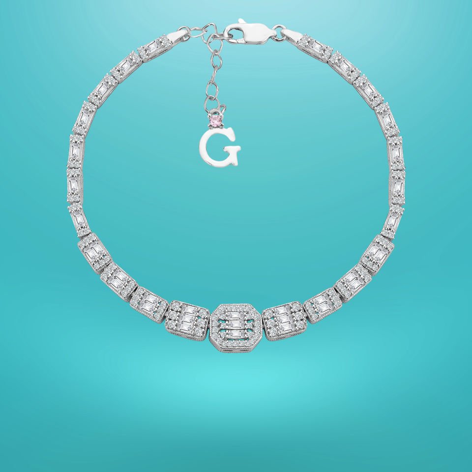 925 Ayar Gümüş Ful Baget Taşlı Zincir Harfli Su Yolu Bileklik G