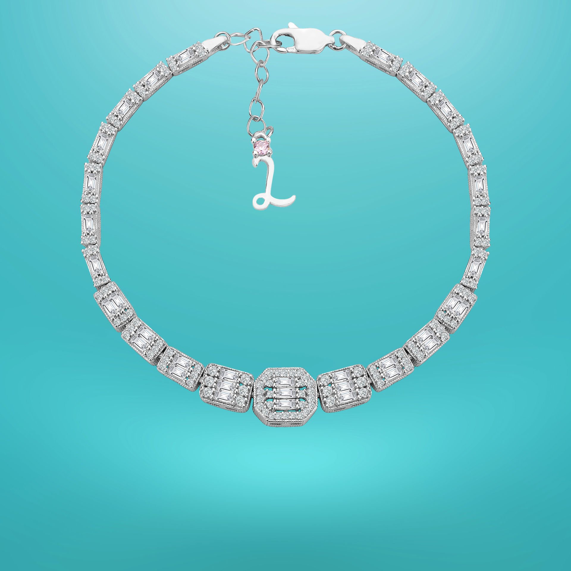 925 Ayar Gümüş Ful Baget Taşlı Zincir Harfli Su Yolu Bileklik L