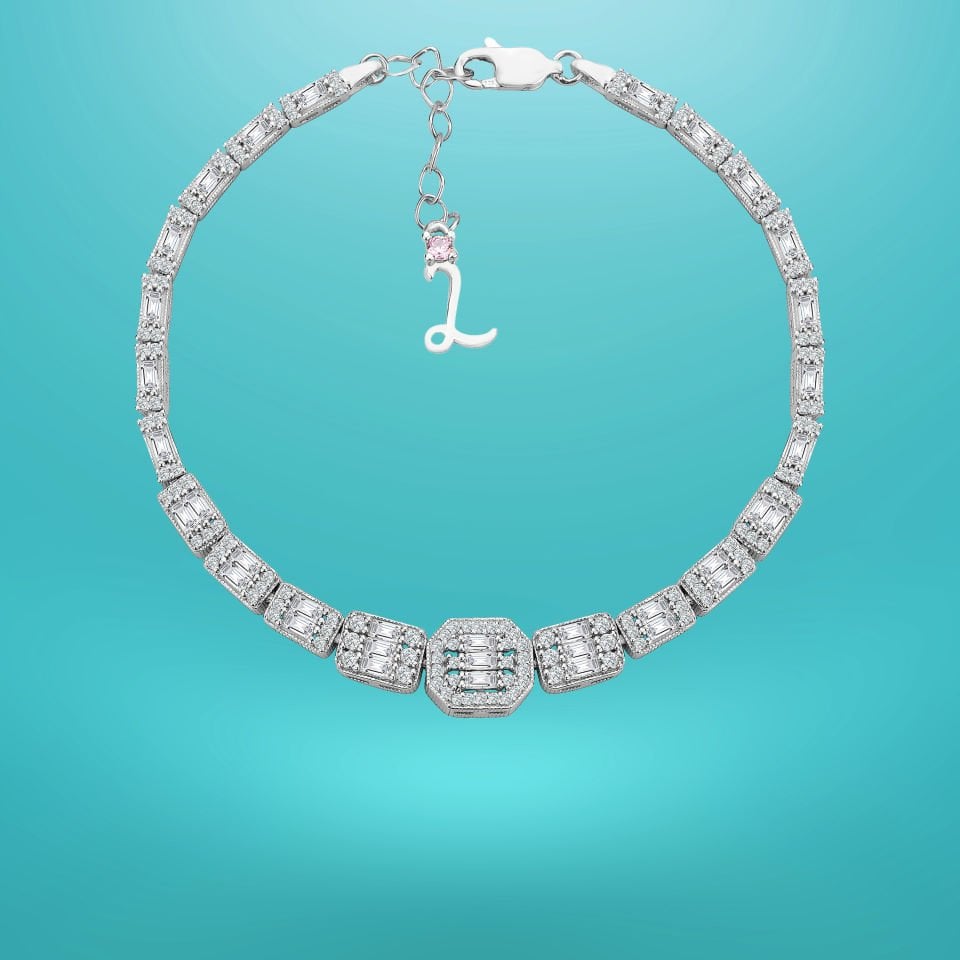 925 Ayar Gümüş Ful Baget Taşlı Zincir Harfli Su Yolu Bileklik L