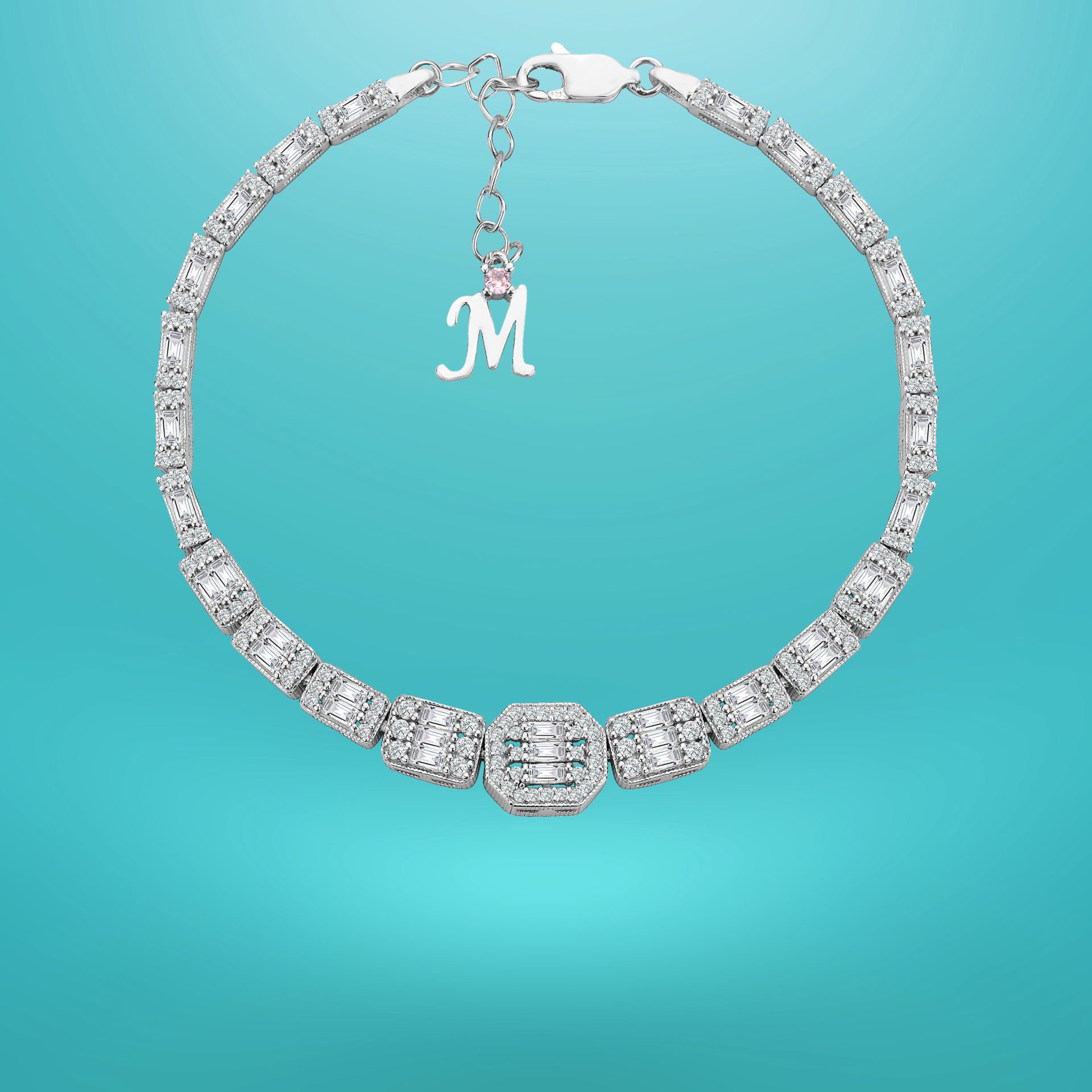 925 Ayar Gümüş Ful Baget Taşlı Zincir Harfli Su Yolu Bileklik M