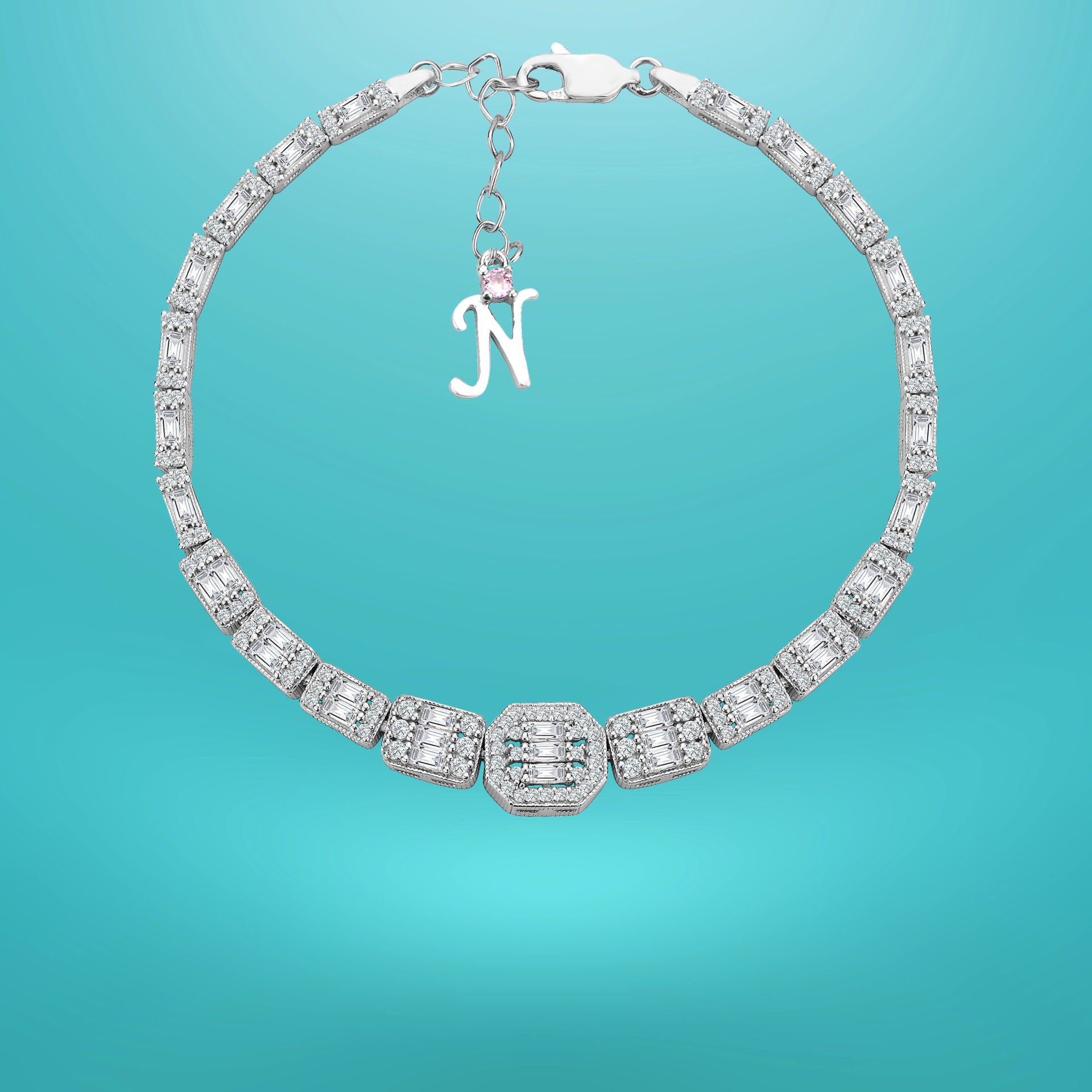 925 Ayar Gümüş Ful Baget Taşlı Zincir Harfli Su Yolu Bileklik N