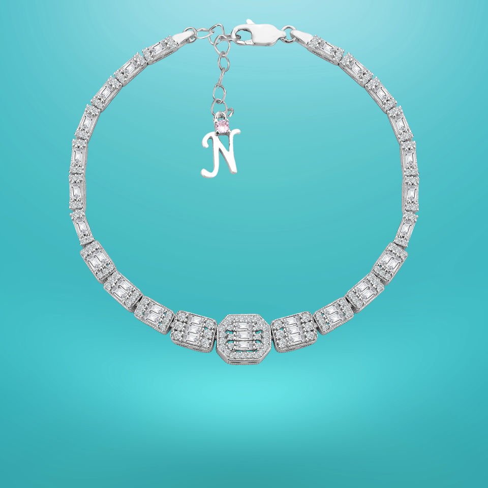 925 Ayar Gümüş Ful Baget Taşlı Zincir Harfli Su Yolu Bileklik N