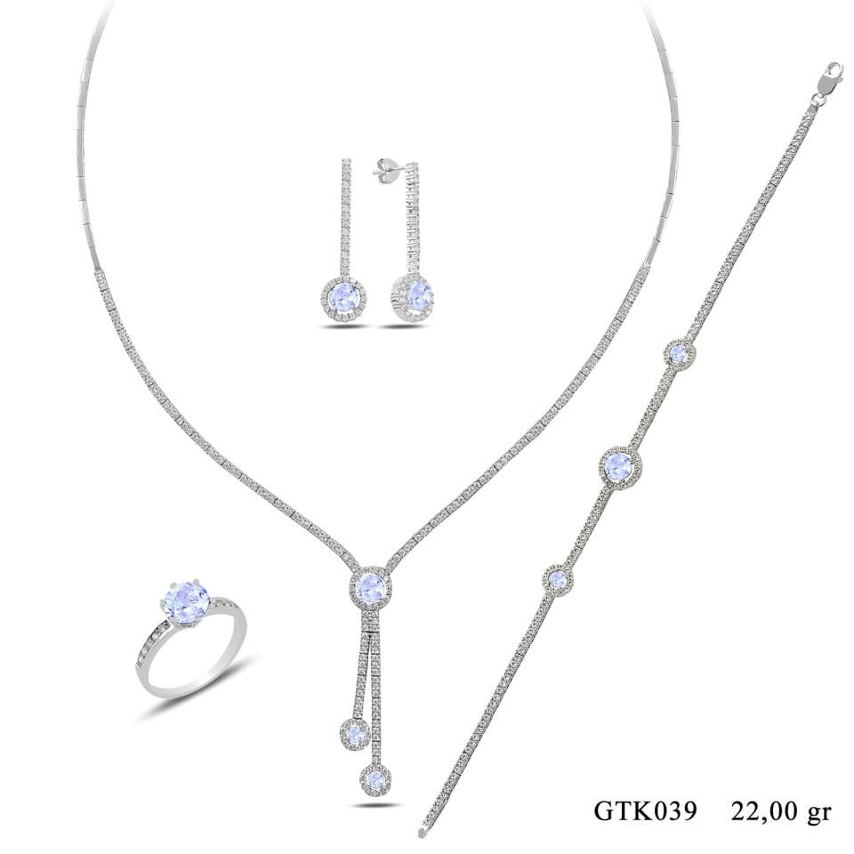 BARIŞ TAKI 925 Ayar Gümüş Salkım Tek Taş Su Yolu Set