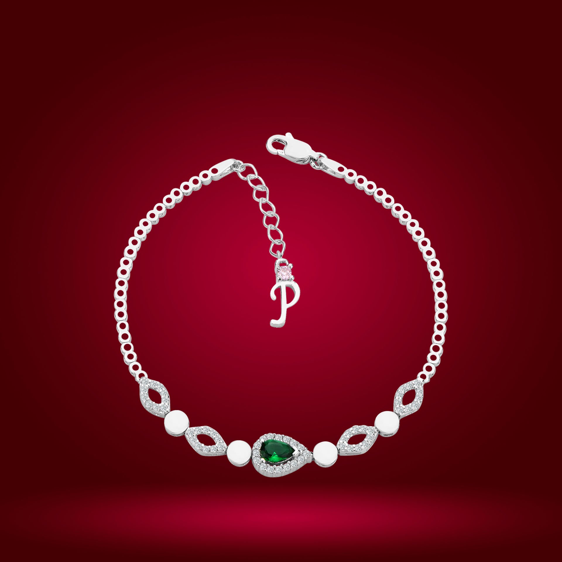 925 Ayar Gümüş Yeşil Damla Model Zincir Harfli Su Yolu Bileklik P