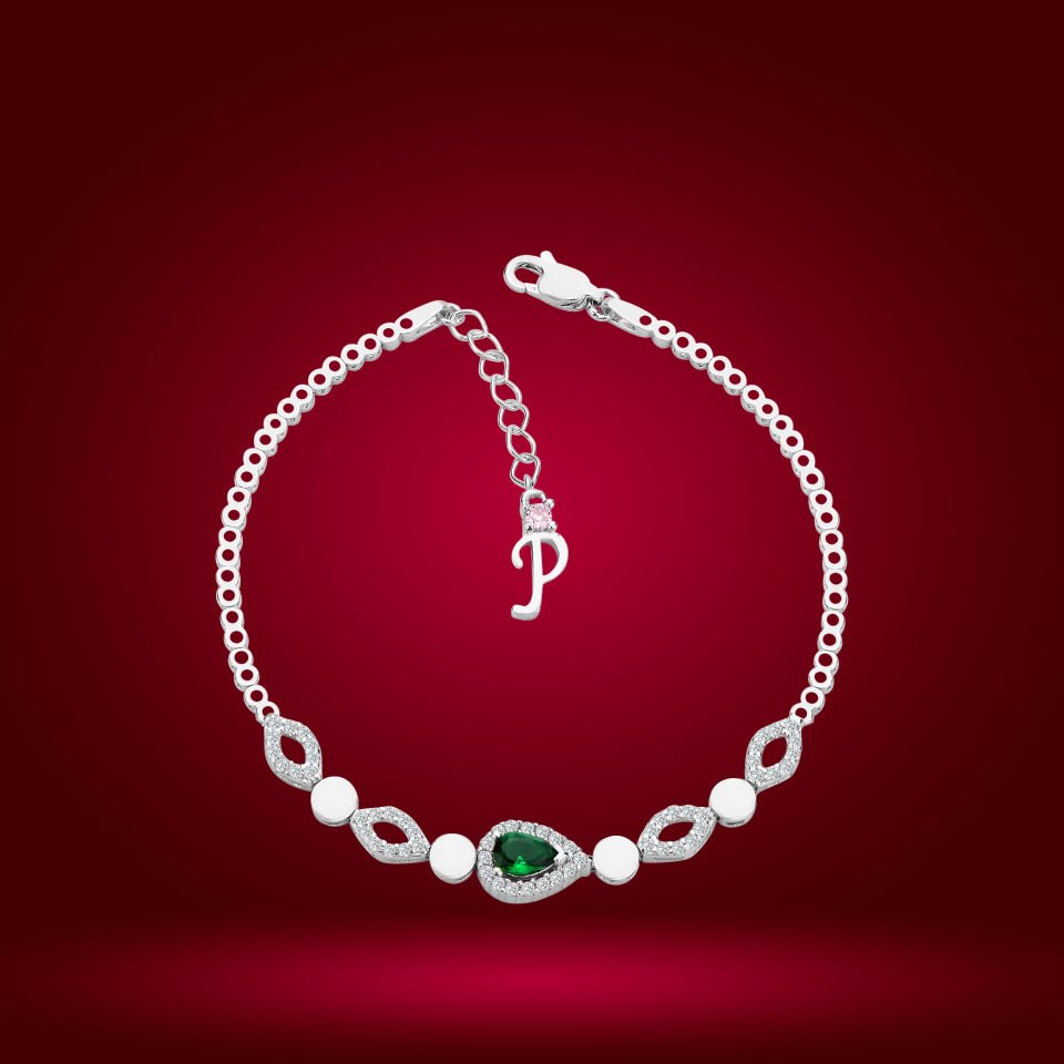 925 Ayar Gümüş Yeşil Damla Model Zincir Harfli Su Yolu Bileklik P