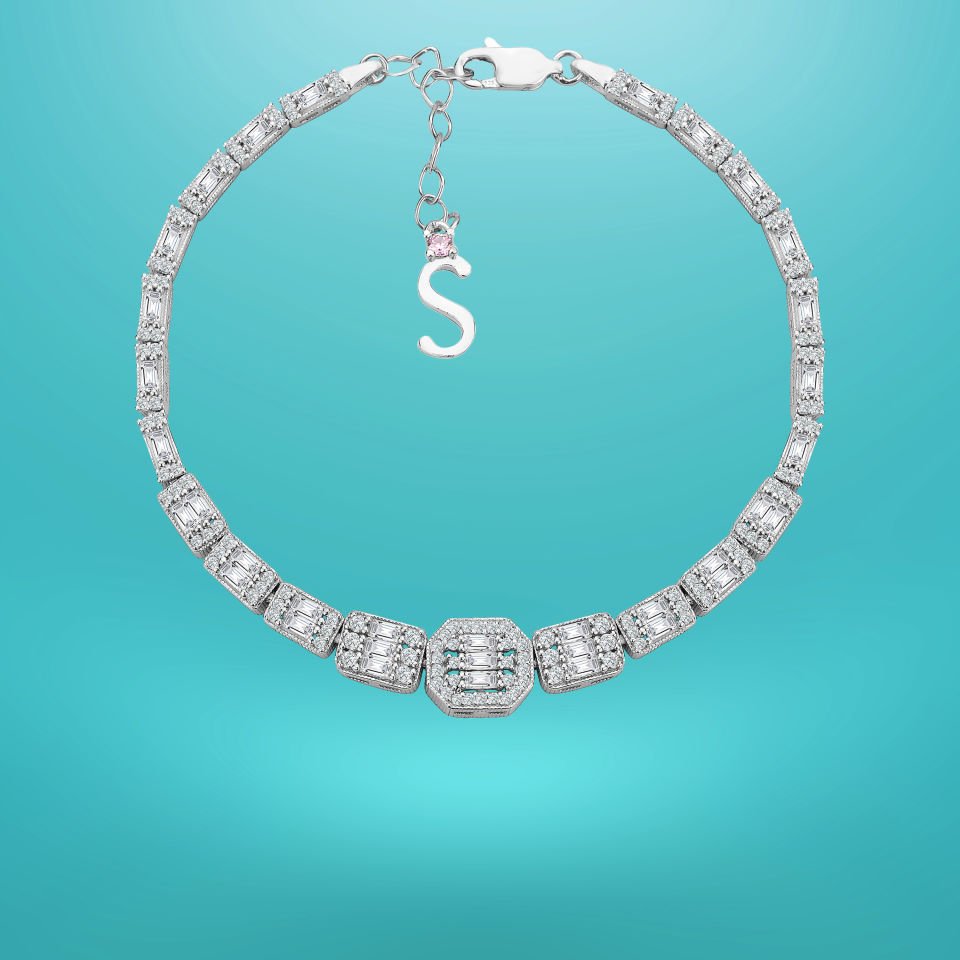 925 Ayar Gümüş Ful Baget Taşlı Zincir Harfli Su Yolu Bileklik S