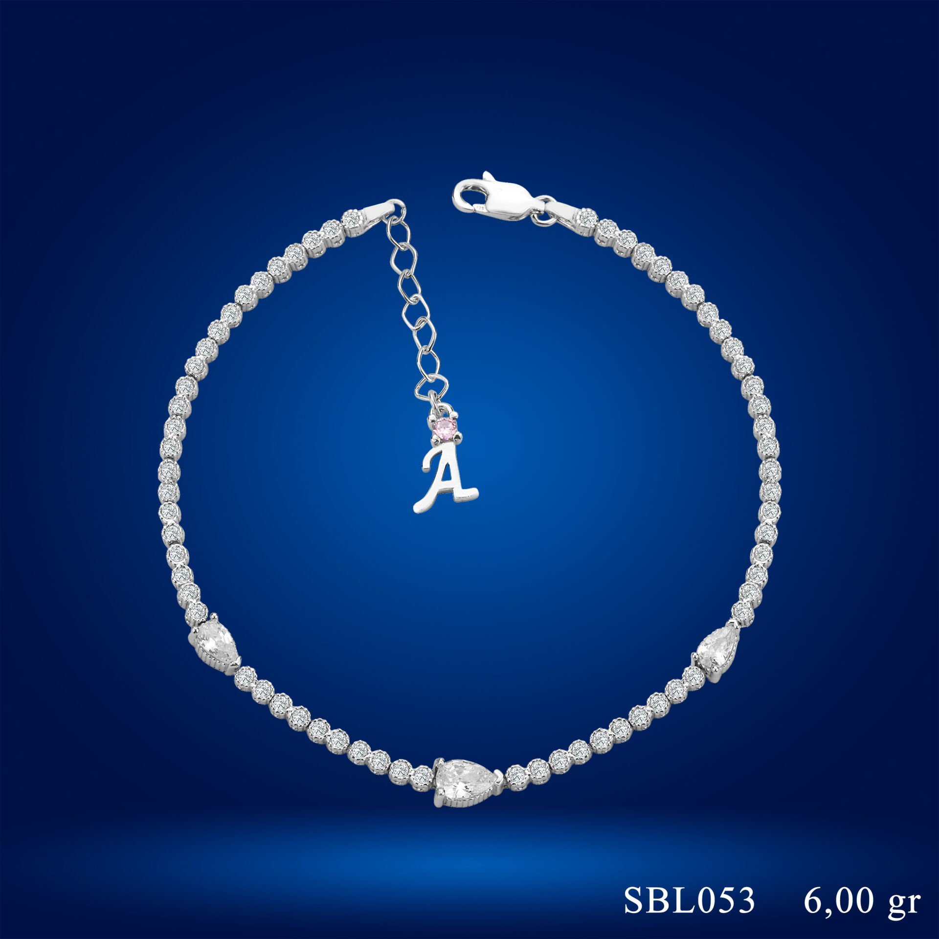 925 Ayar Gümüş Damla Taşlı Zincir Harfli Su Yolu Bileklik