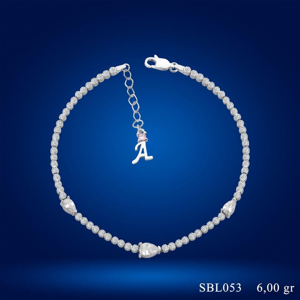 925 Ayar Gümüş Damla Taşlı Zincir Harfli Su Yolu Bileklik