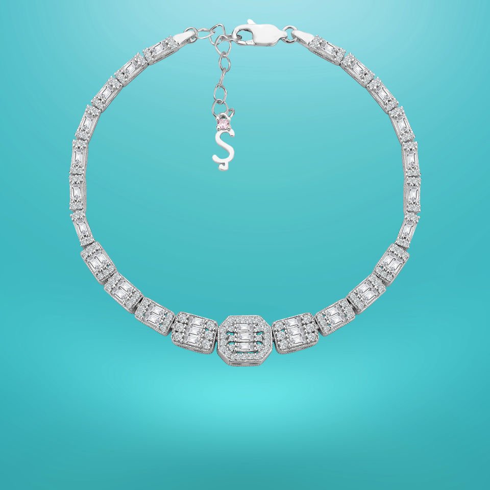 925 Ayar Gümüş Ful Baget Taşlı Zincir Harfli Su Yolu Bileklik Ş