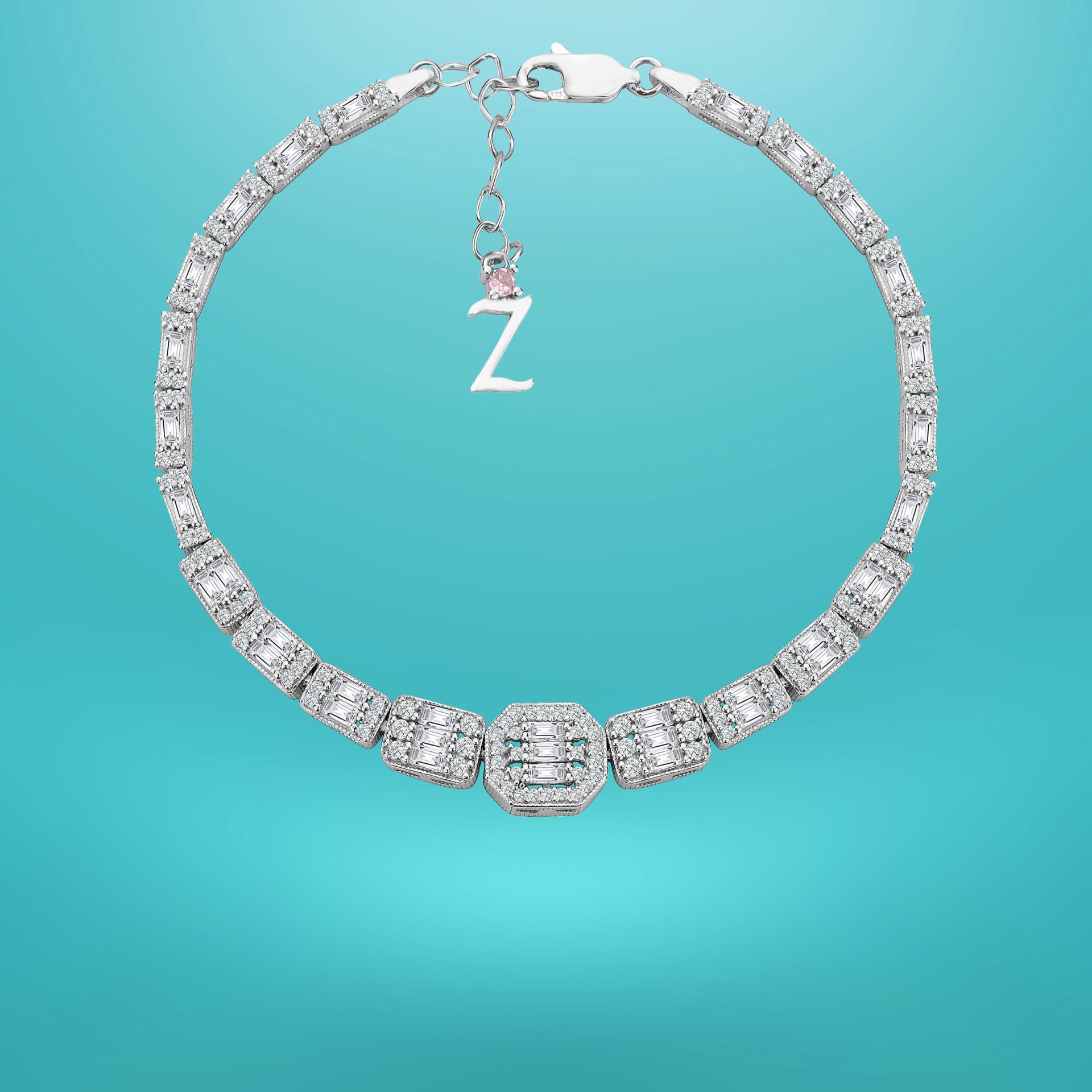 925 Ayar Gümüş Ful Baget Taşlı Zincir Harfli Su Yolu Bileklik Z