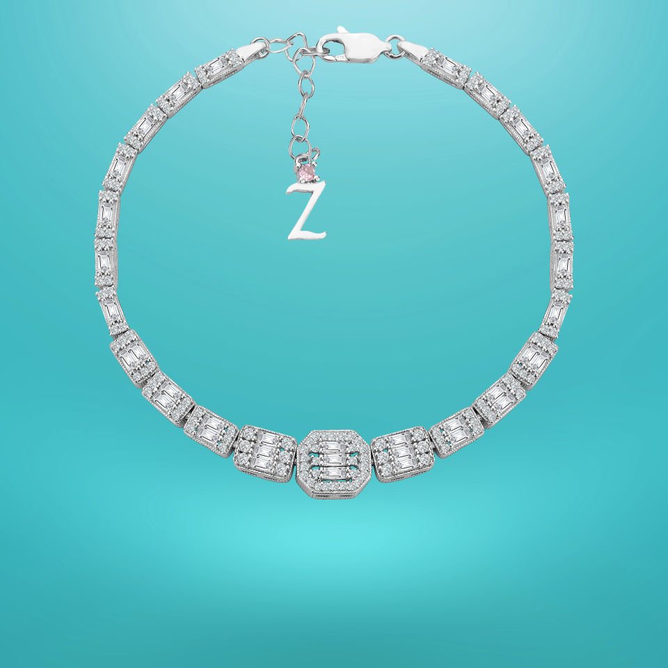 925 Ayar Gümüş Ful Baget Taşlı Zincir Harfli Su Yolu Bileklik Z