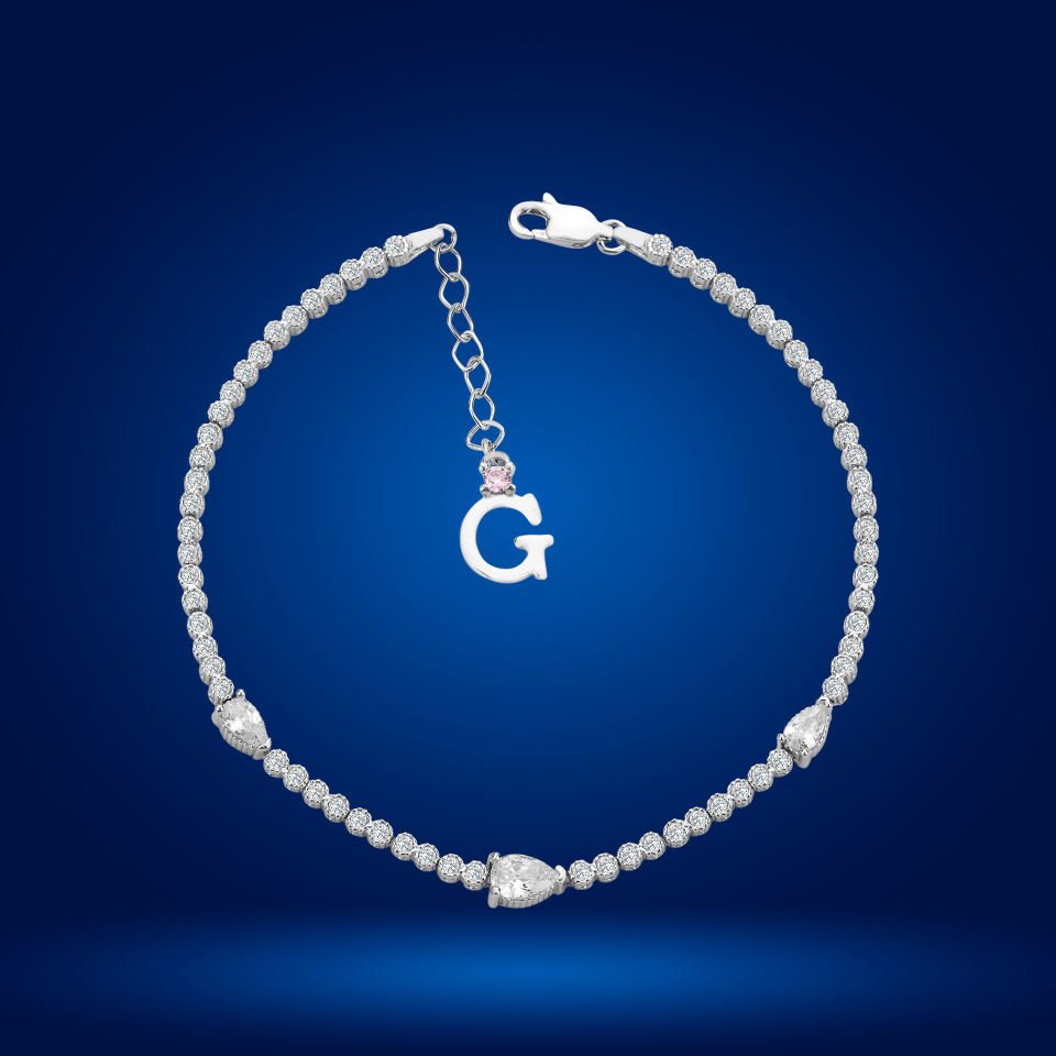 925 Ayar Gümüş Damla Taşlı Zincir Harfli Su Yolu Bileklik G