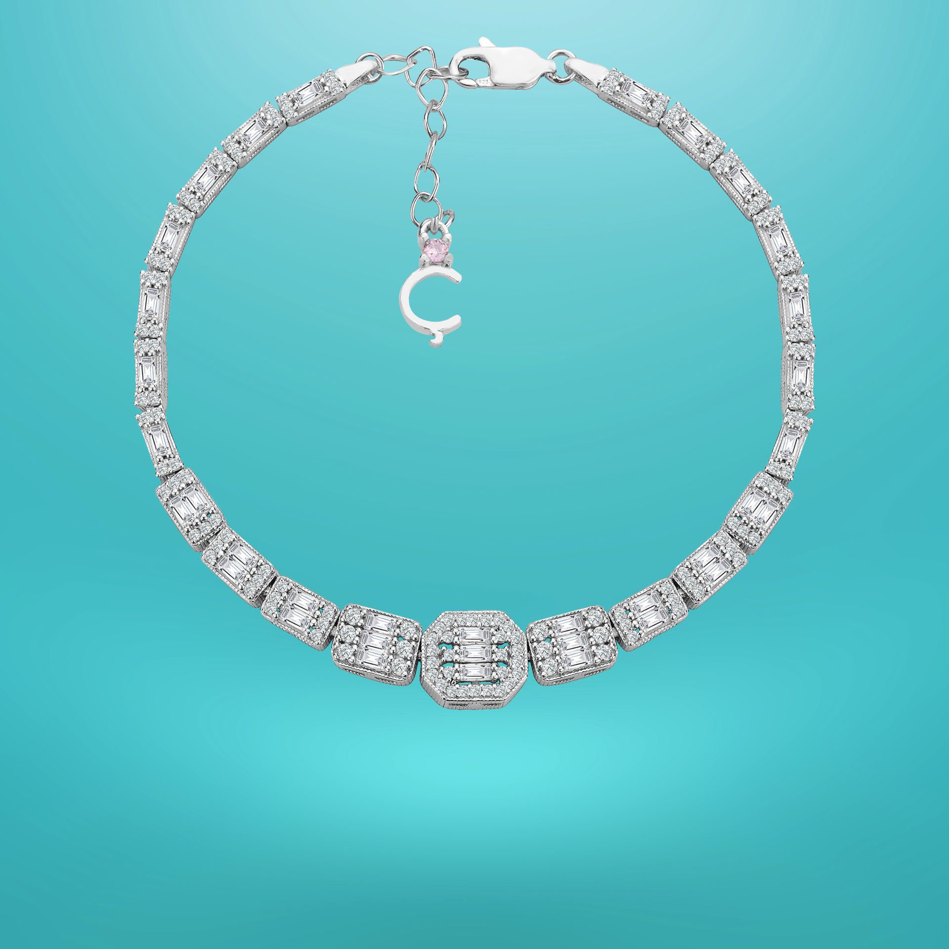 925 Ayar Gümüş Ful Baget Taşlı Zincir Harfli Su Yolu Bileklik Ç