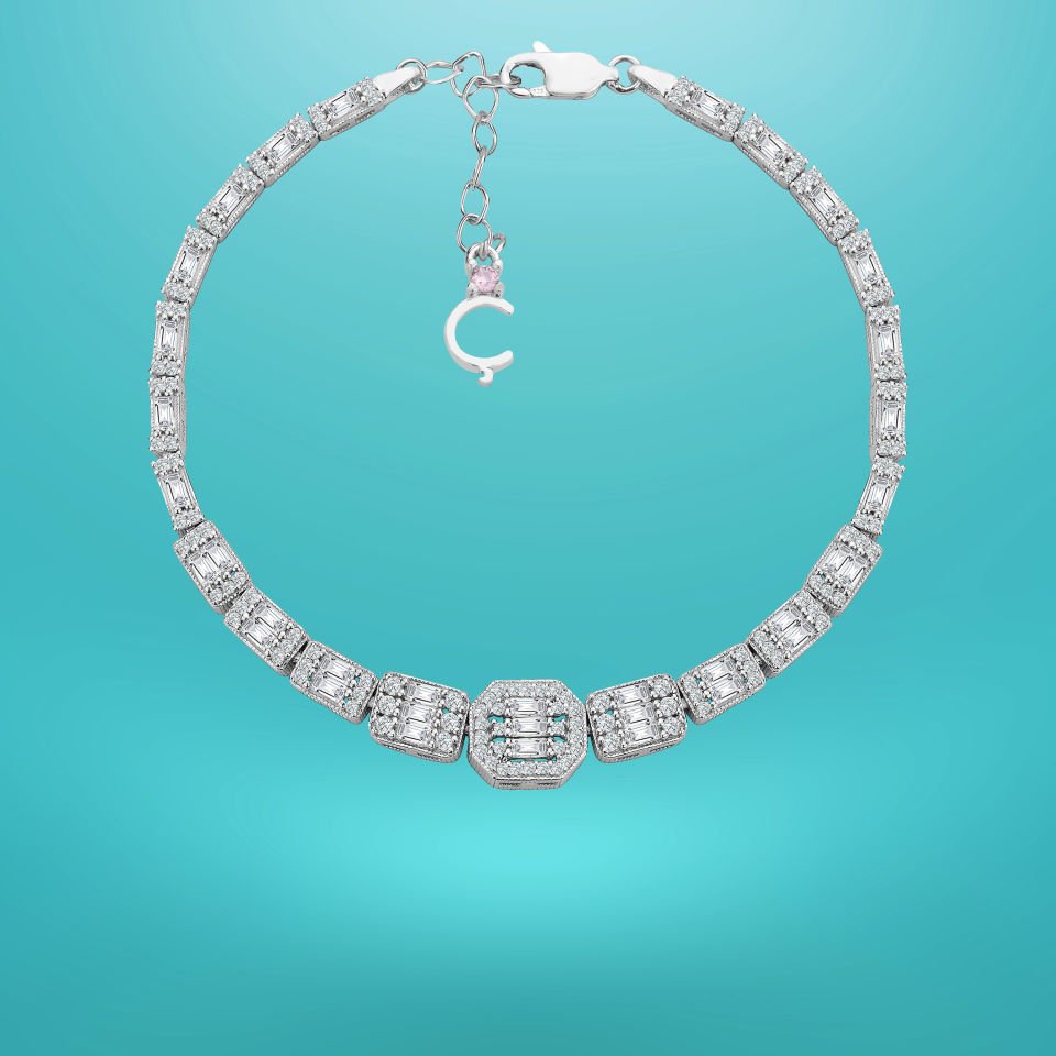 925 Ayar Gümüş Ful Baget Taşlı Zincir Harfli Su Yolu Bileklik Ç