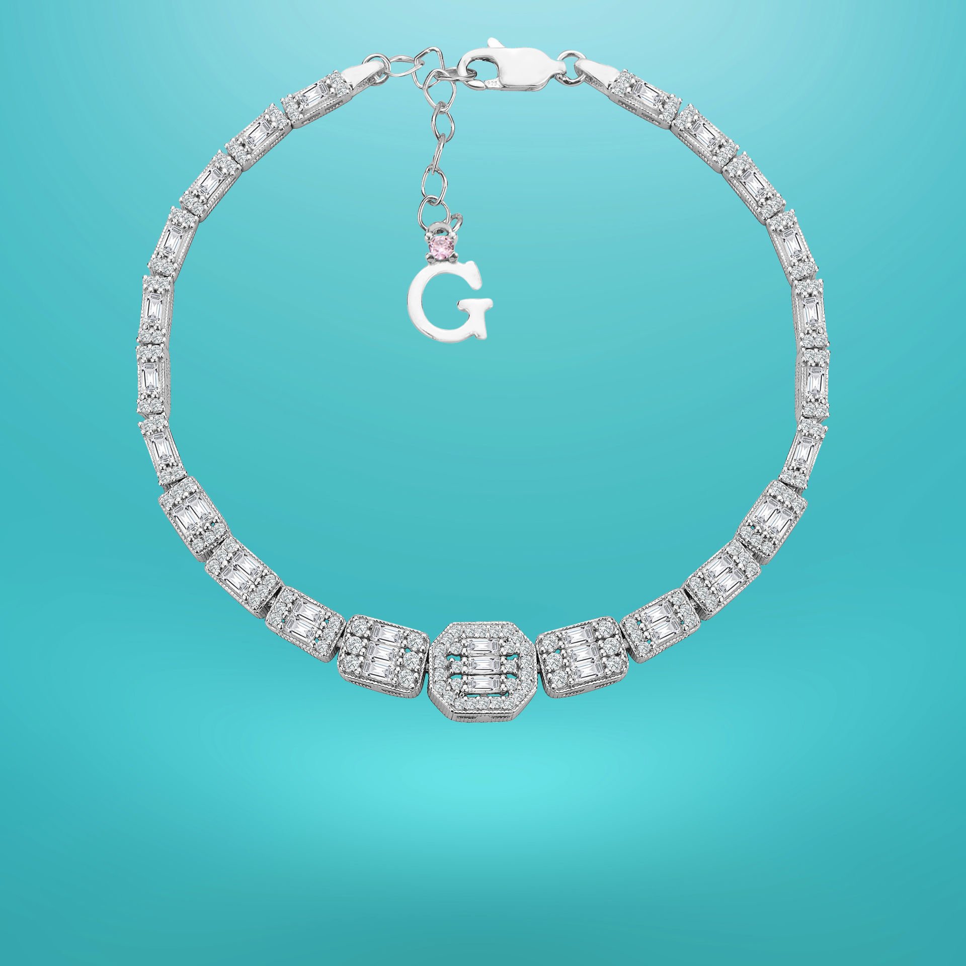 925 Ayar Gümüş Ful Baget Taşlı Zincir Harfli Su Yolu Bileklik Ğ