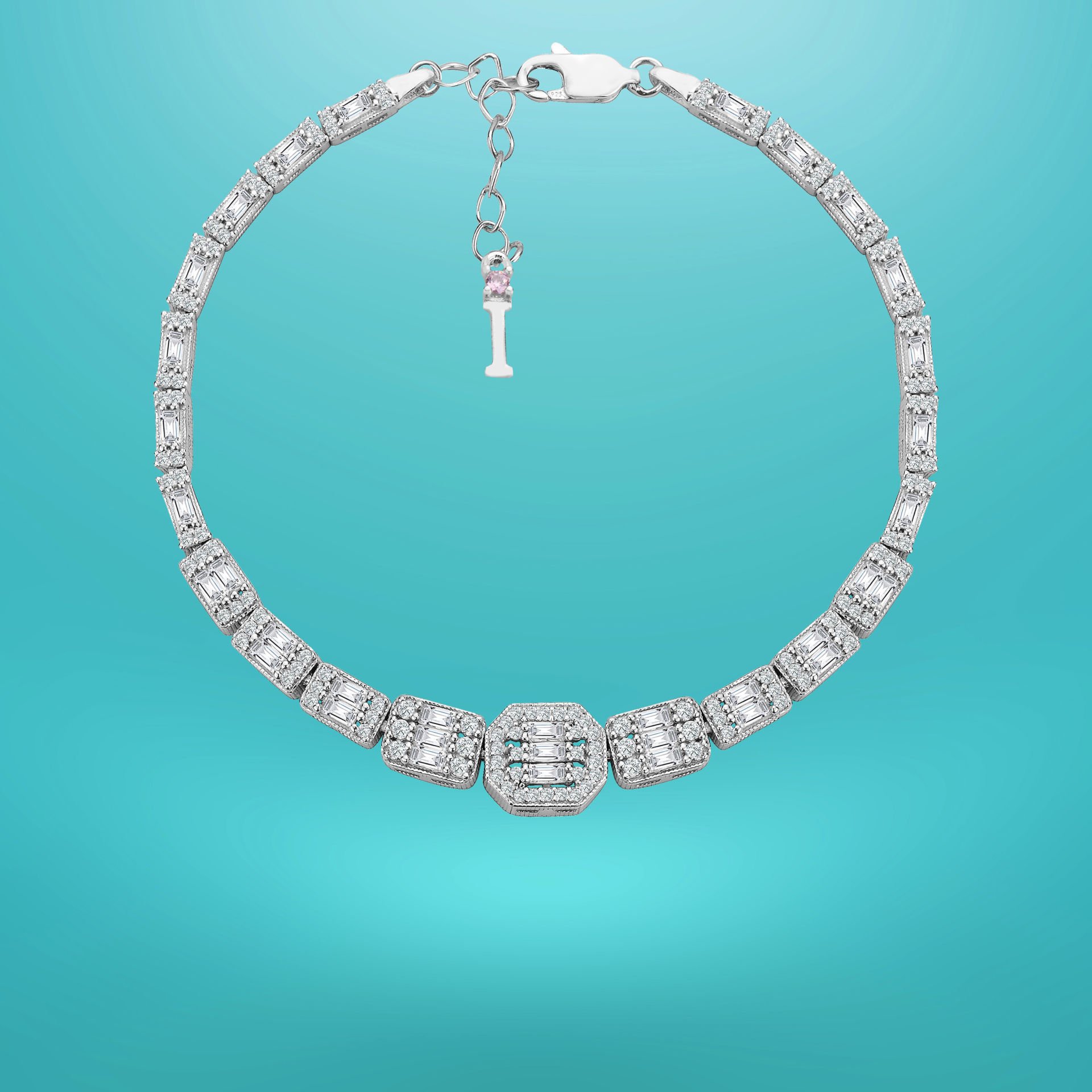 925 Ayar Gümüş Ful Baget Taşlı Zincir Harfli Su Yolu Bileklik I