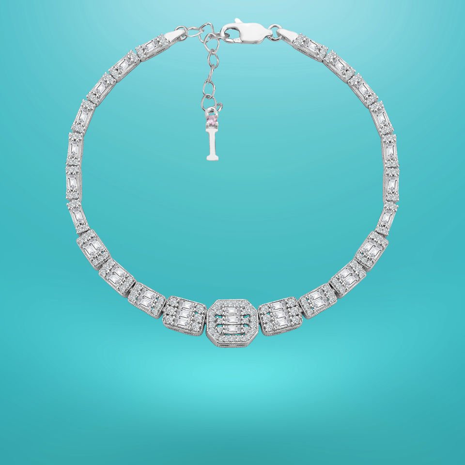 925 Ayar Gümüş Ful Baget Taşlı Zincir Harfli Su Yolu Bileklik I