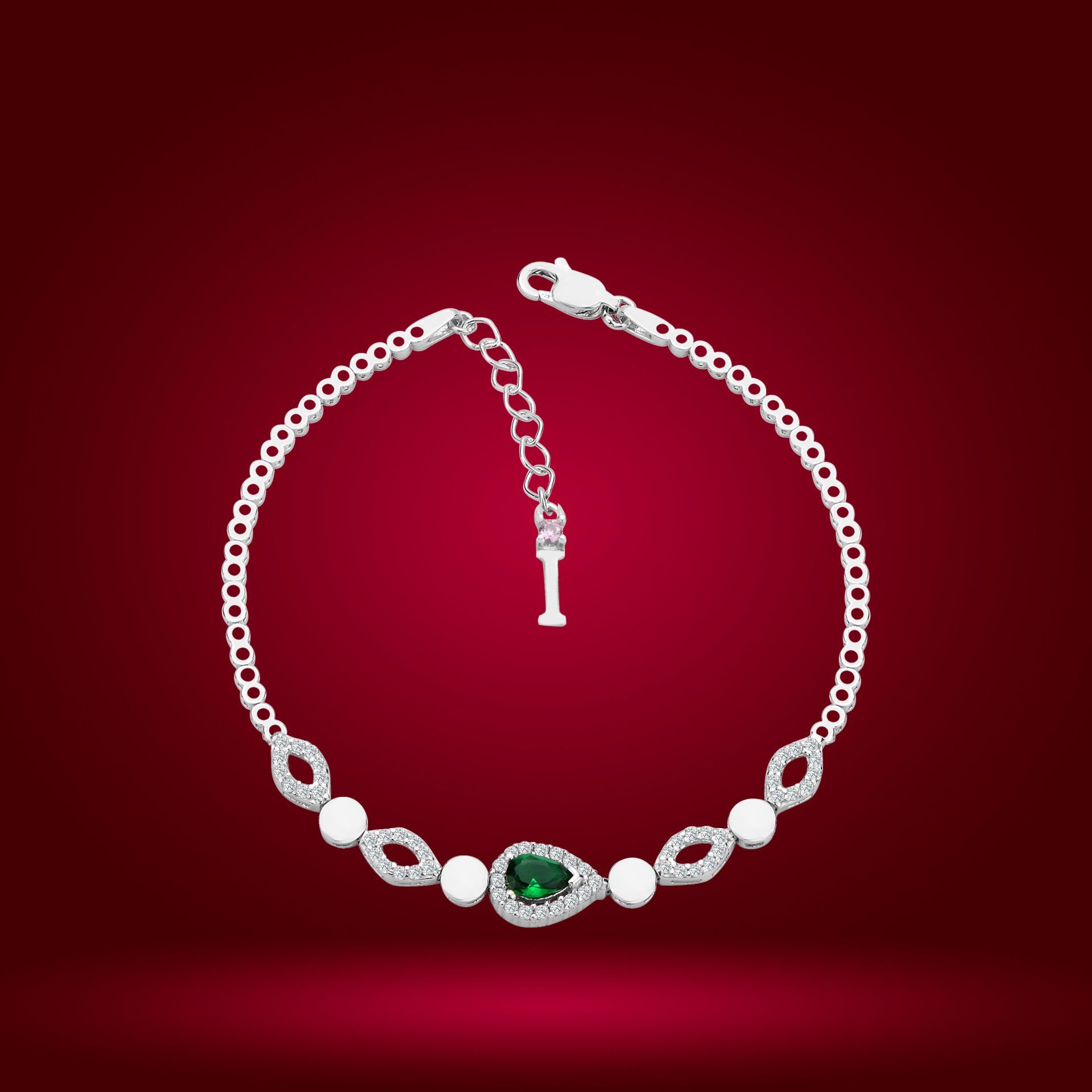 925 Ayar Gümüş Yeşil Damla Model Zincir Harfli Su Yolu Bileklik İ