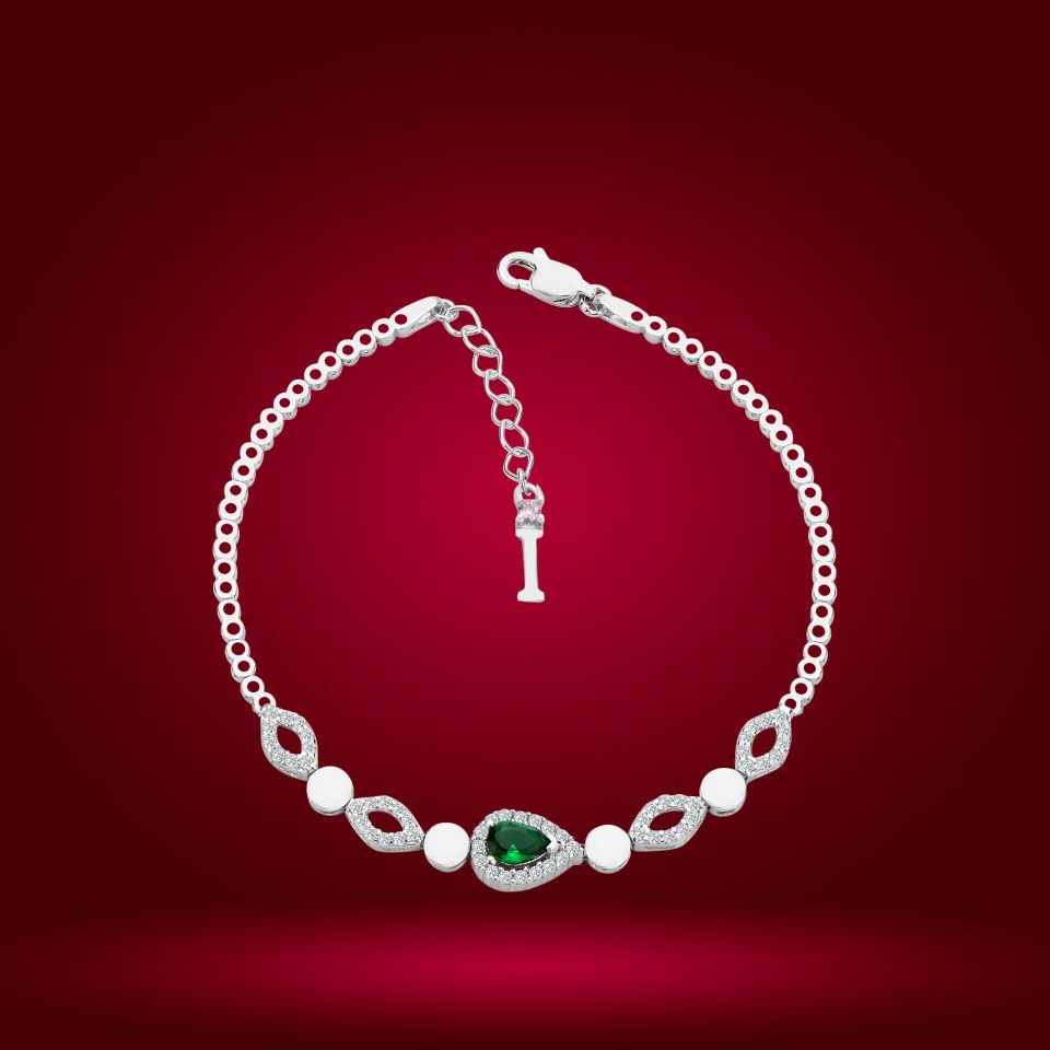 925 Ayar Gümüş Yeşil Damla Model Zincir Harfli Su Yolu Bileklik İ