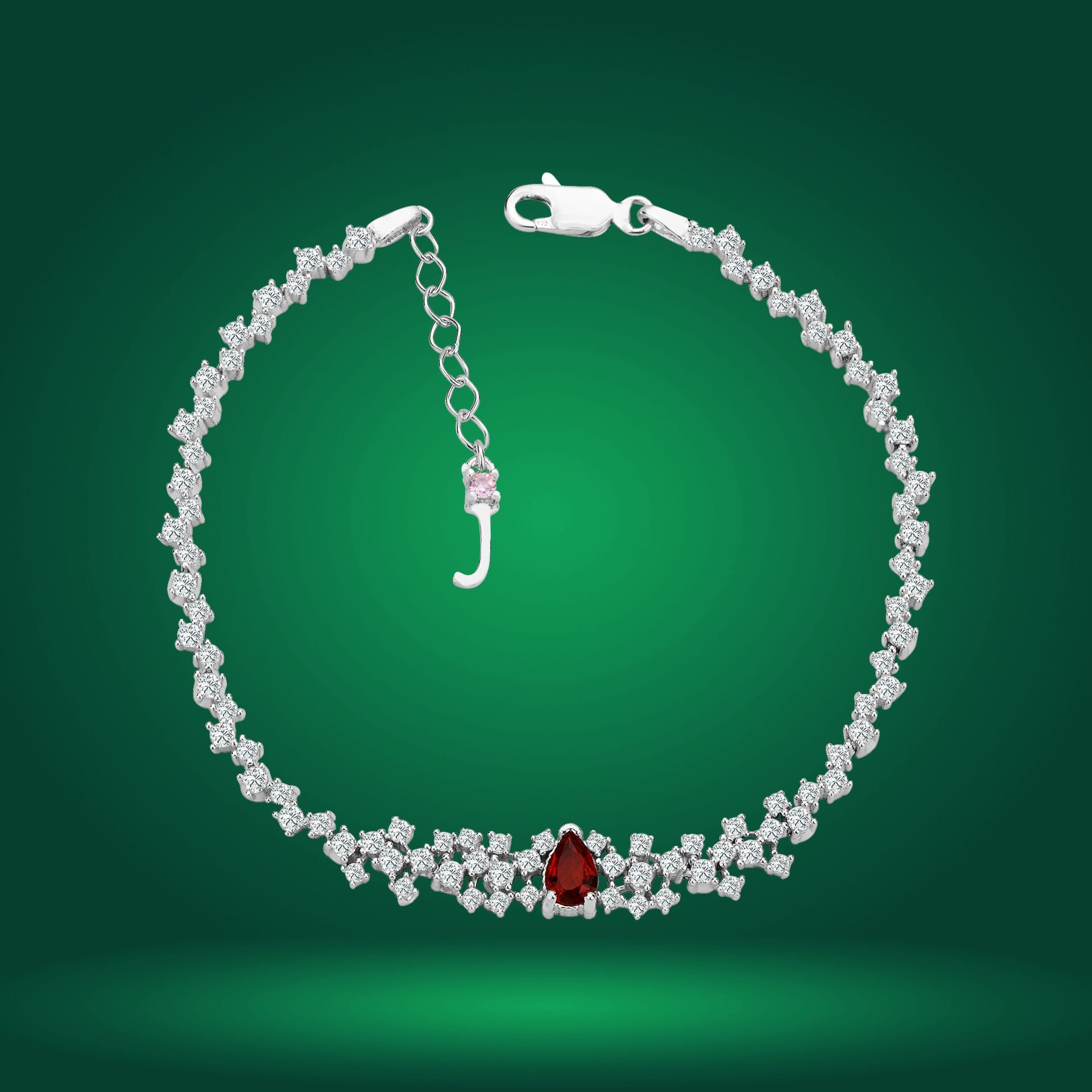 925 Ayar Gümüş Pırlanta Kırmızı Damla Taşlı Harfli Su Yolu Bileklik J