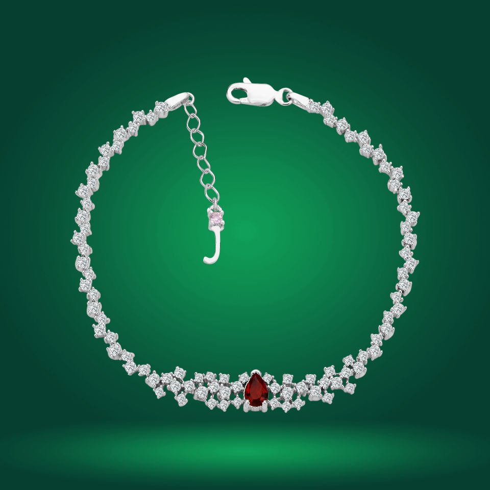 925 Ayar Gümüş Pırlanta Kırmızı Damla Taşlı Harfli Su Yolu Bileklik J