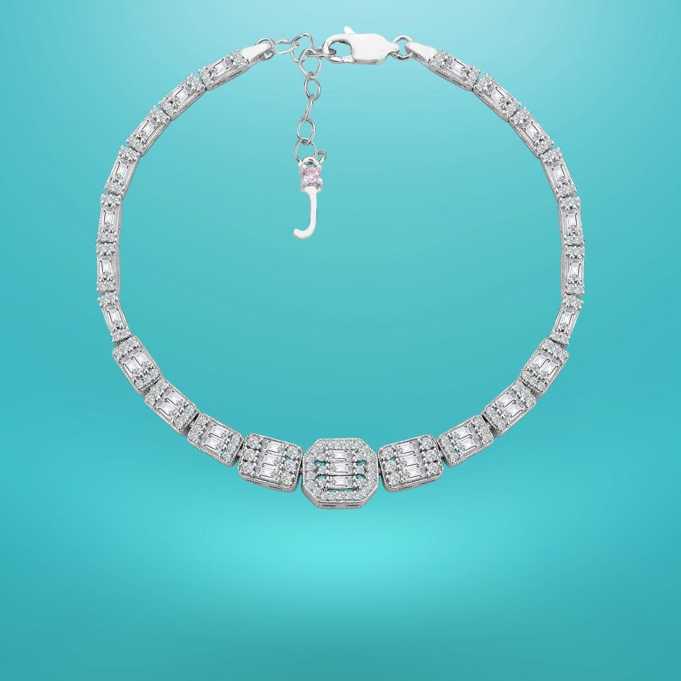 925 Ayar Gümüş Ful Baget Taşlı Zincir Harfli Su Yolu Bileklik J