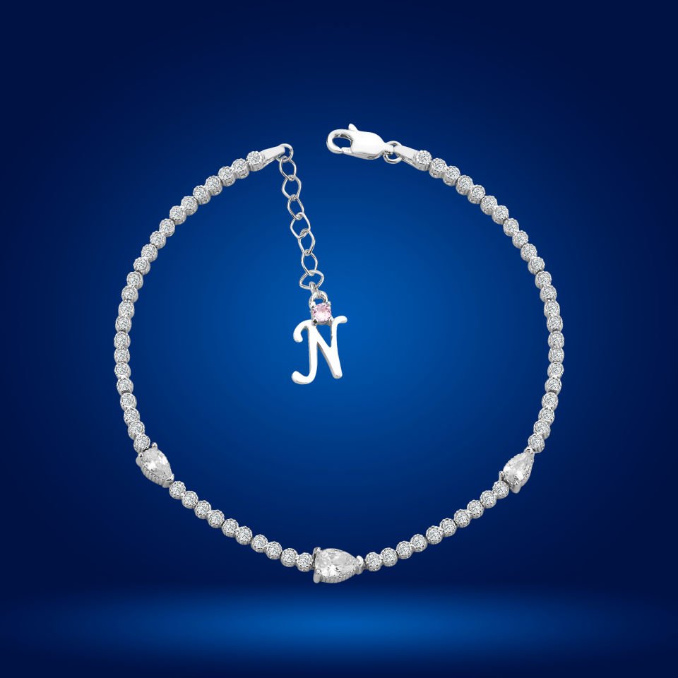 925 Ayar Gümüş Damla Taşlı Zincir Harfli Su Yolu Bileklik N