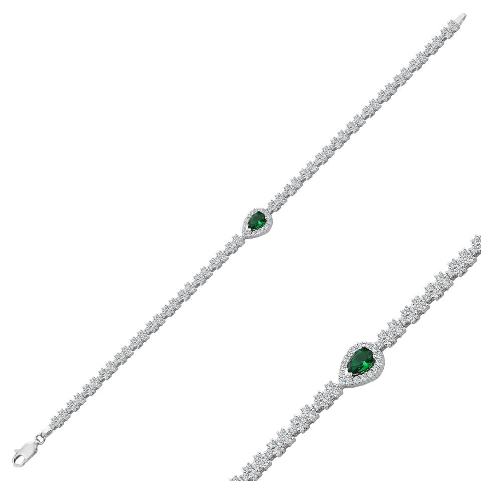 925 Ayar Gümüş Pırlanta Montür Yeşil Damla Taşlı Harfli Su Yolu Bileklik