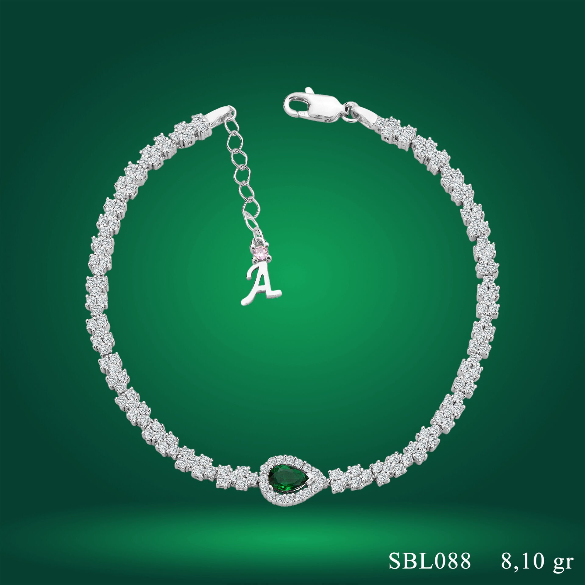 925 Ayar Gümüş Pırlanta Montür Yeşil Damla Taşlı Harfli Su Yolu Bileklik
