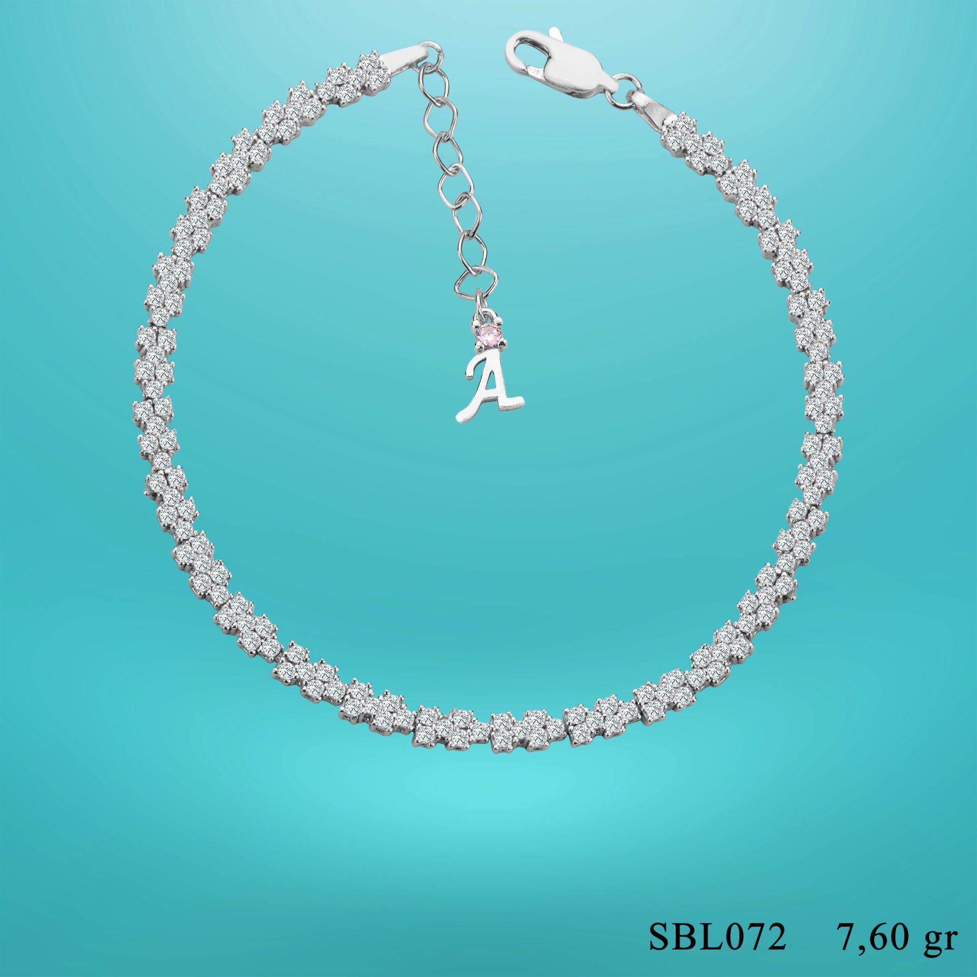 925 Ayar Gümüş Pırlanta Montürlü Zincir Harfli Su Yolu Bileklik