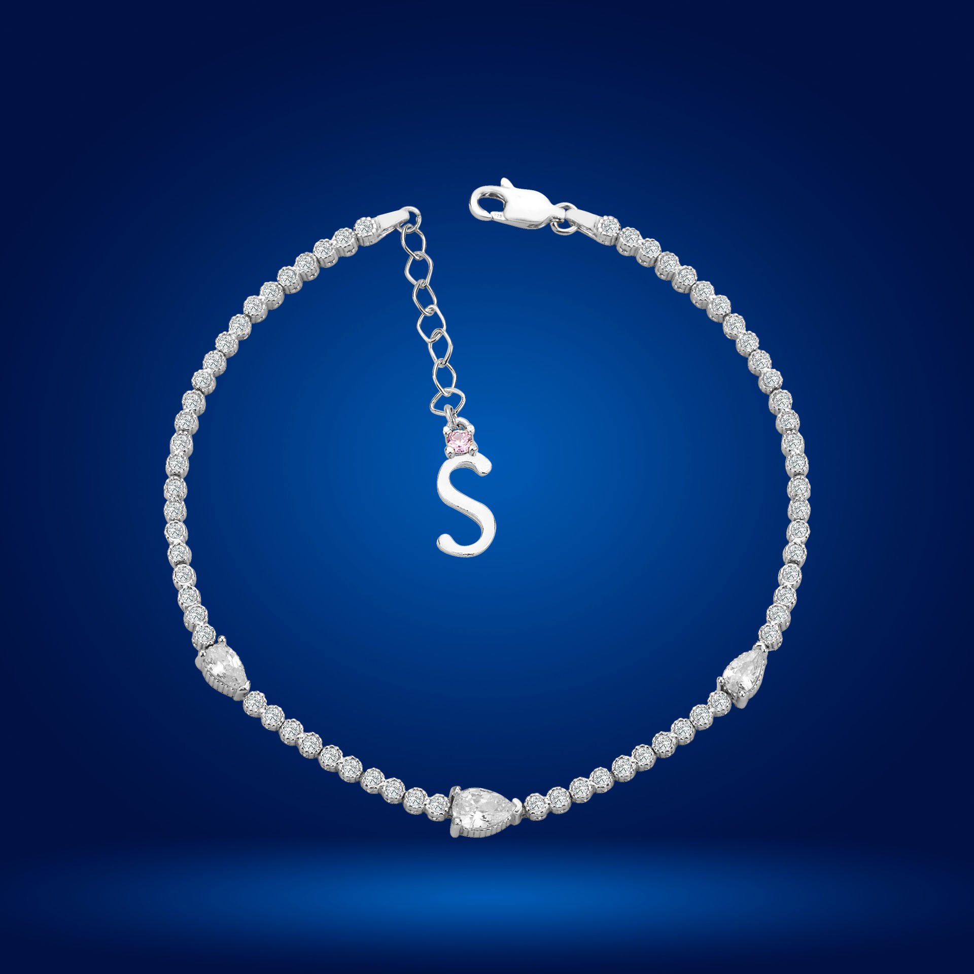 925 Ayar Gümüş Damla Taşlı Zincir Harfli Su Yolu Bileklik S