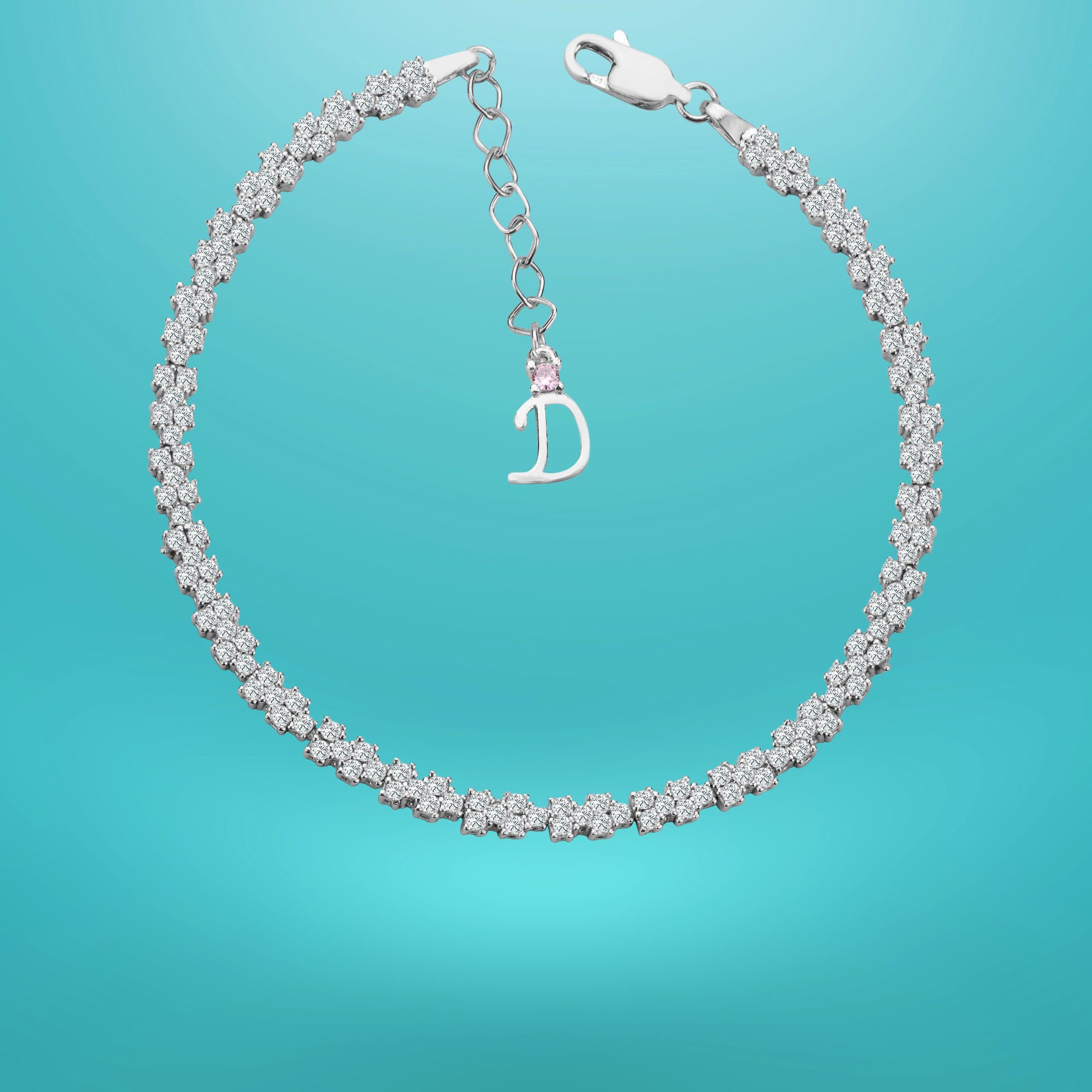 925 Ayar Gümüş Pırlanta Montürlü Zincir Harfli Su Yolu Bileklik D