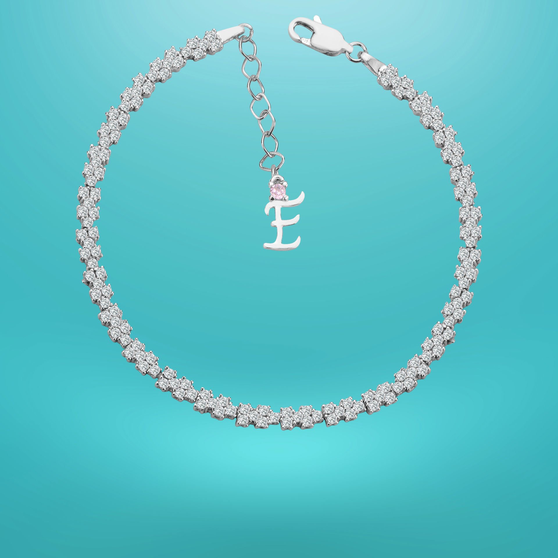 925 Ayar Gümüş Pırlanta Montürlü Zincir Harfli Su Yolu Bileklik E