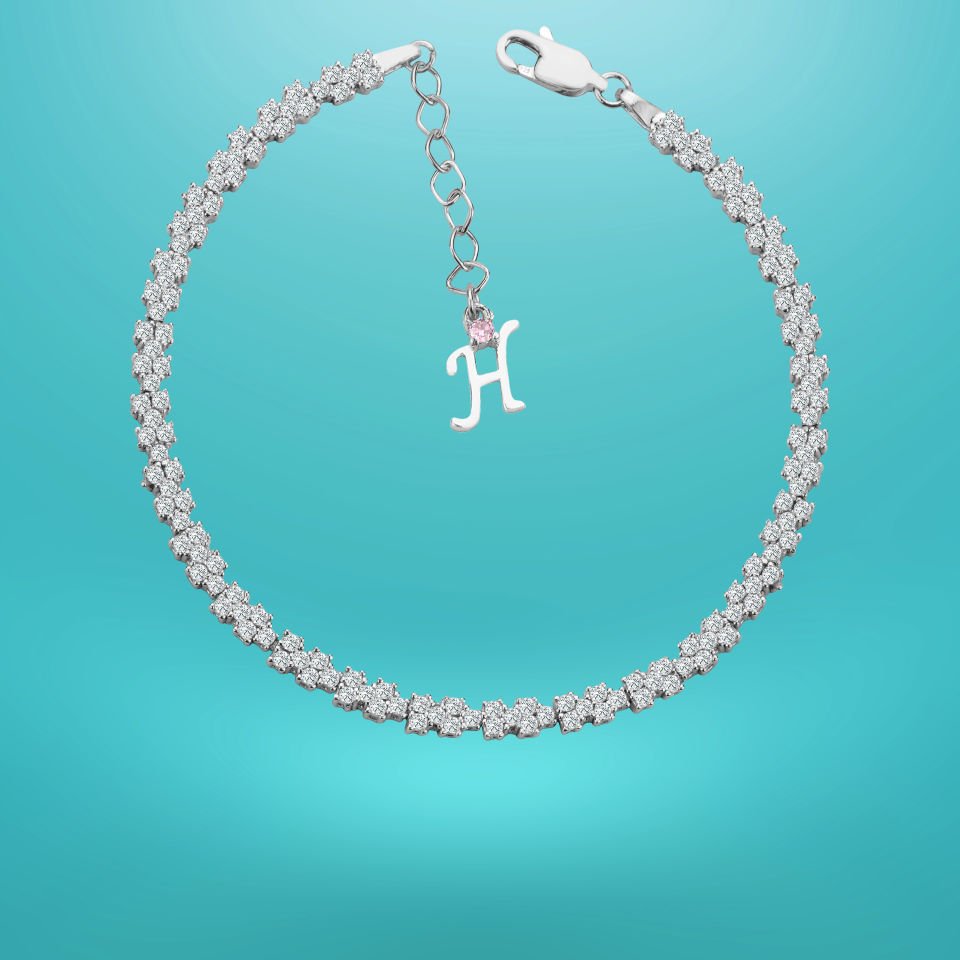 925 Ayar Gümüş Pırlanta Montürlü Zincir Harfli Su Yolu Bileklik H