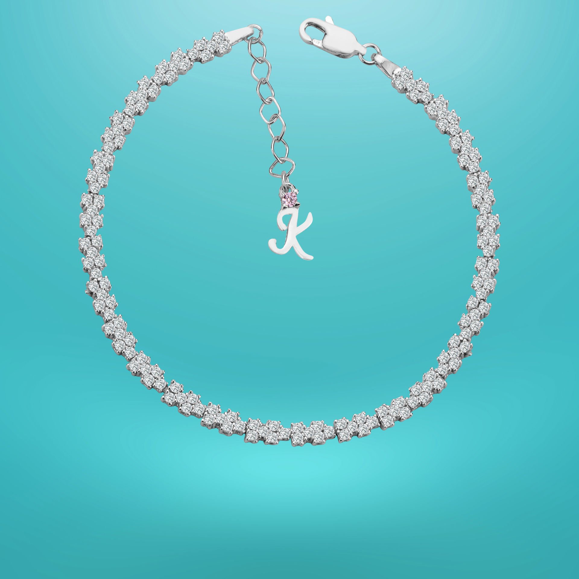 925 Ayar Gümüş Pırlanta Montürlü Zincir Harfli Su Yolu Bileklik K