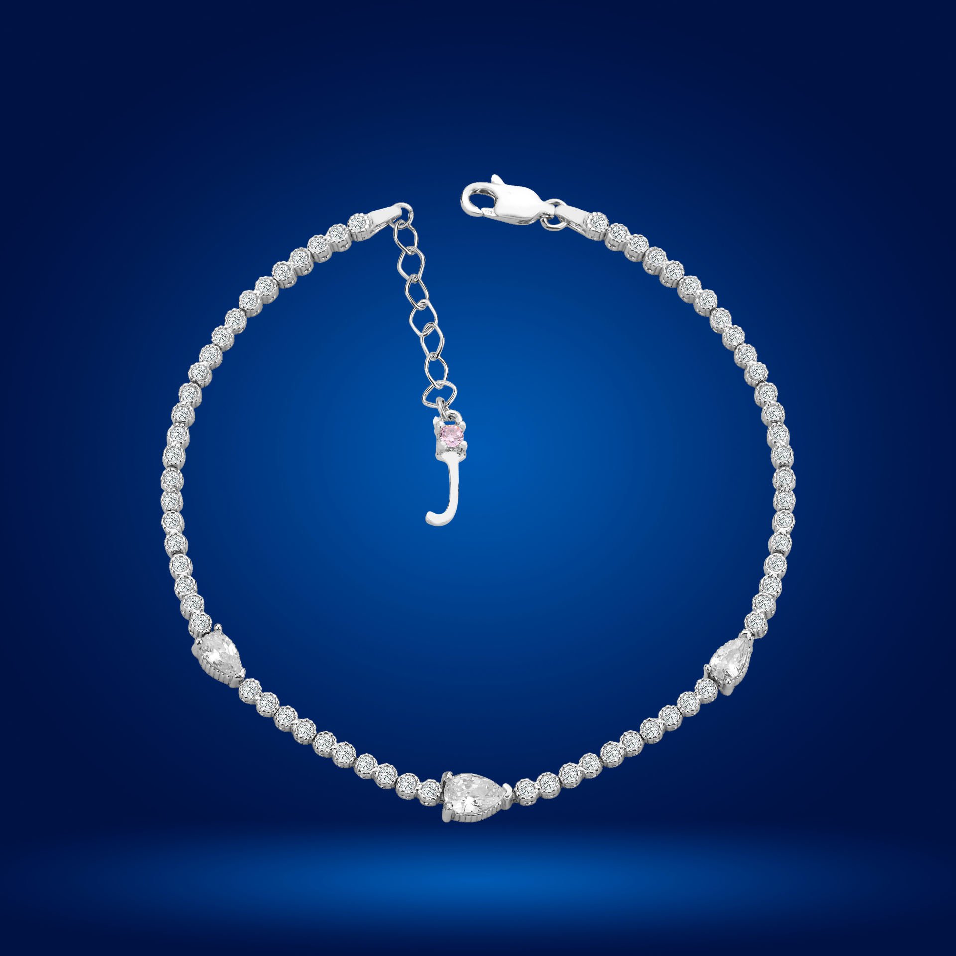 925 Ayar Gümüş Damla Taşlı Zincir Harfli Su Yolu Bileklik Ç