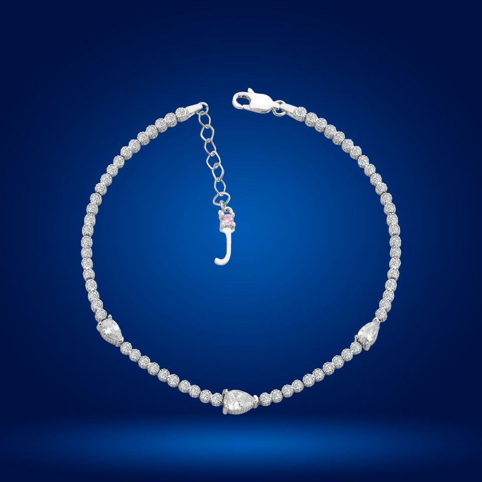 925 Ayar Gümüş Damla Taşlı Zincir Harfli Su Yolu Bileklik Ç