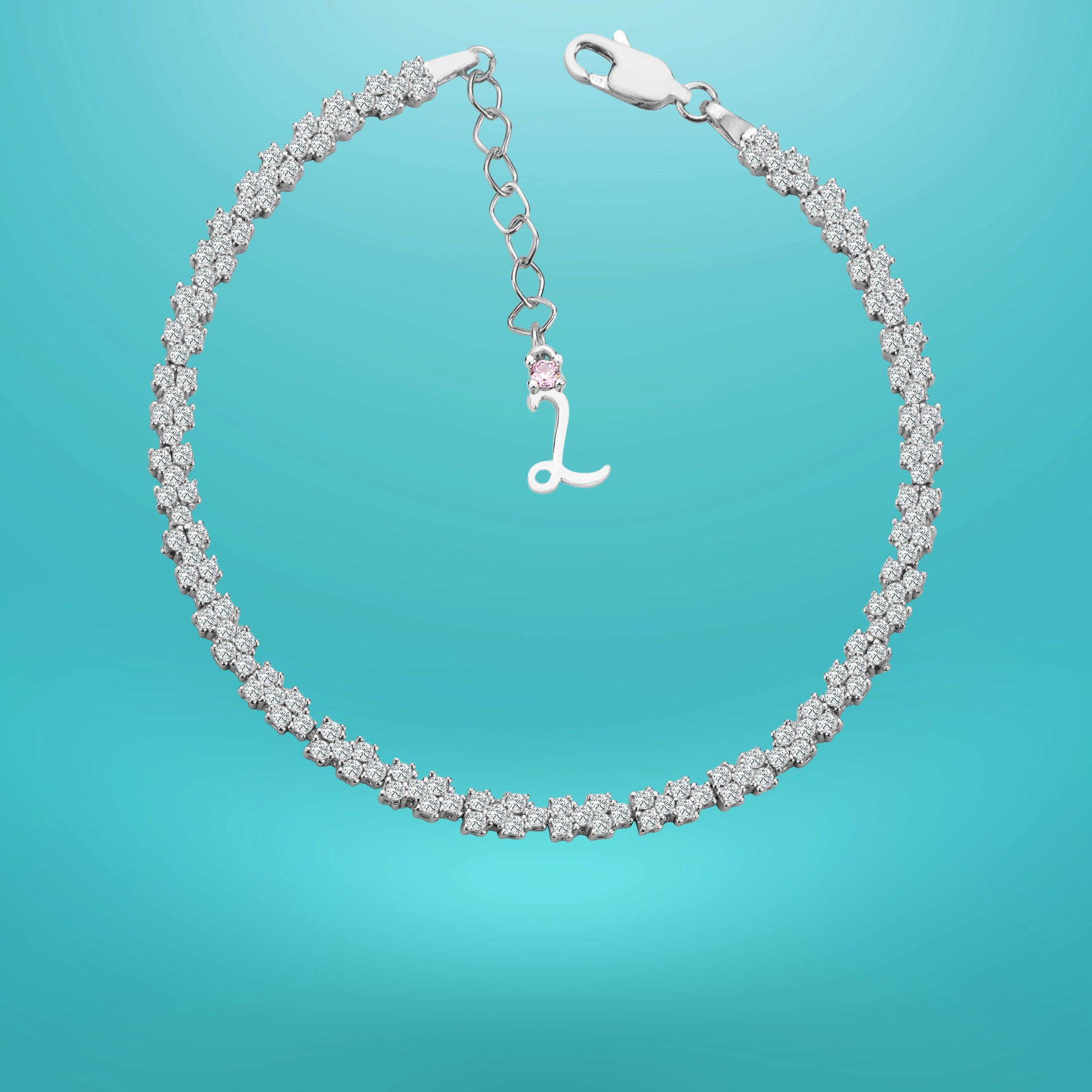 925 Ayar Gümüş Pırlanta Montürlü Zincir Harfli Su Yolu Bileklik L