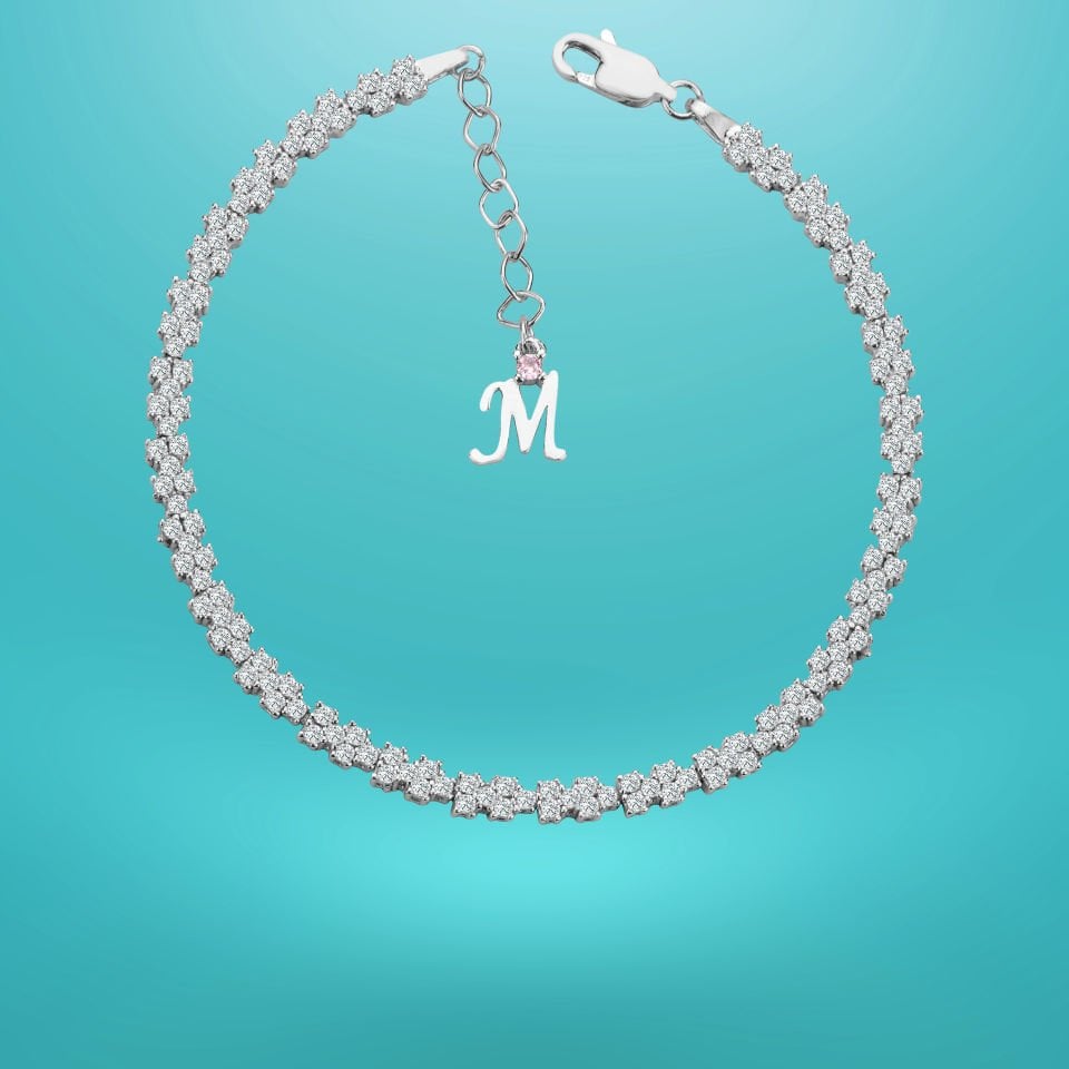 925 Ayar Gümüş Pırlanta Montürlü Zincir Harfli Su Yolu Bileklik M