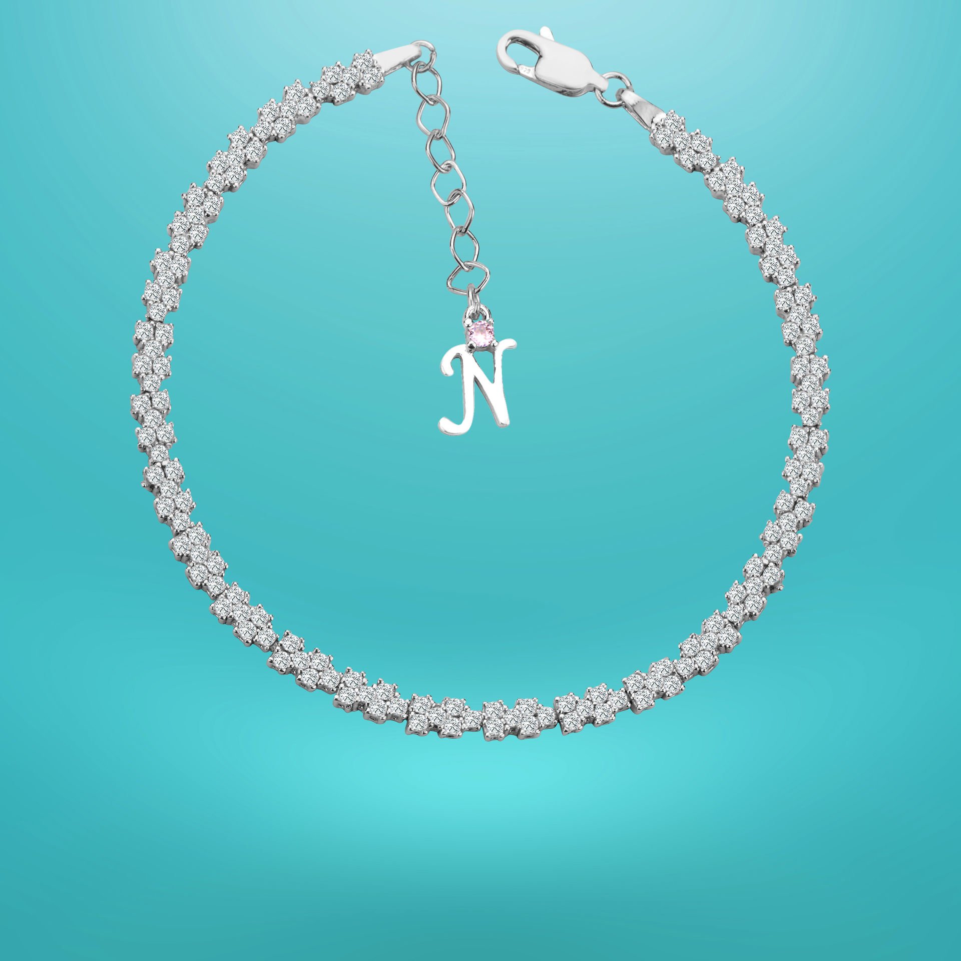 925 Ayar Gümüş Pırlanta Montürlü Zincir Harfli Su Yolu Bileklik N