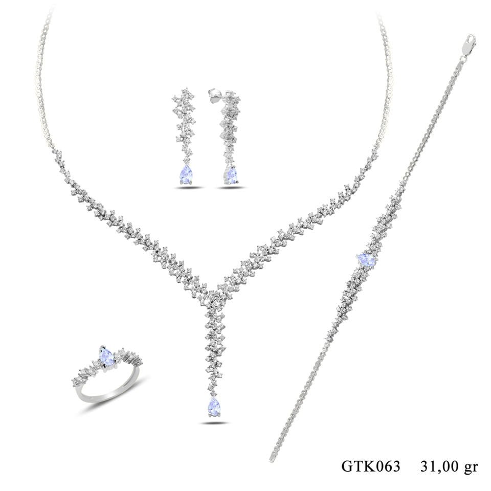 BARIŞ TAKI 925 Ayar Gümüş Damla Salkım Pırlanta Montör Su Yolu Set