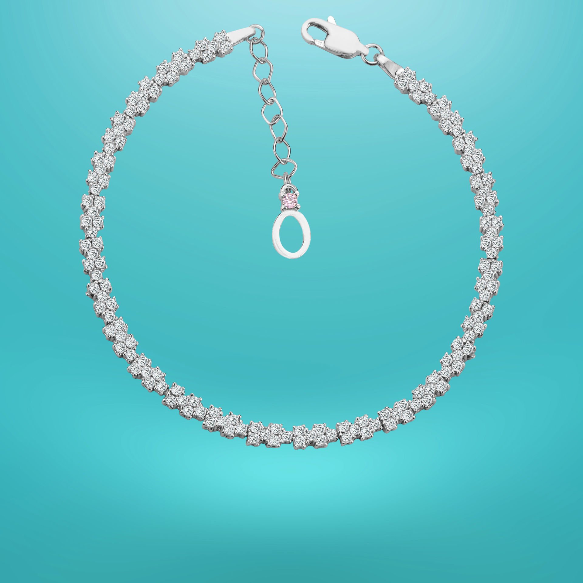 925 Ayar Gümüş Pırlanta Montürlü Zincir Harfli Su Yolu Bileklik O