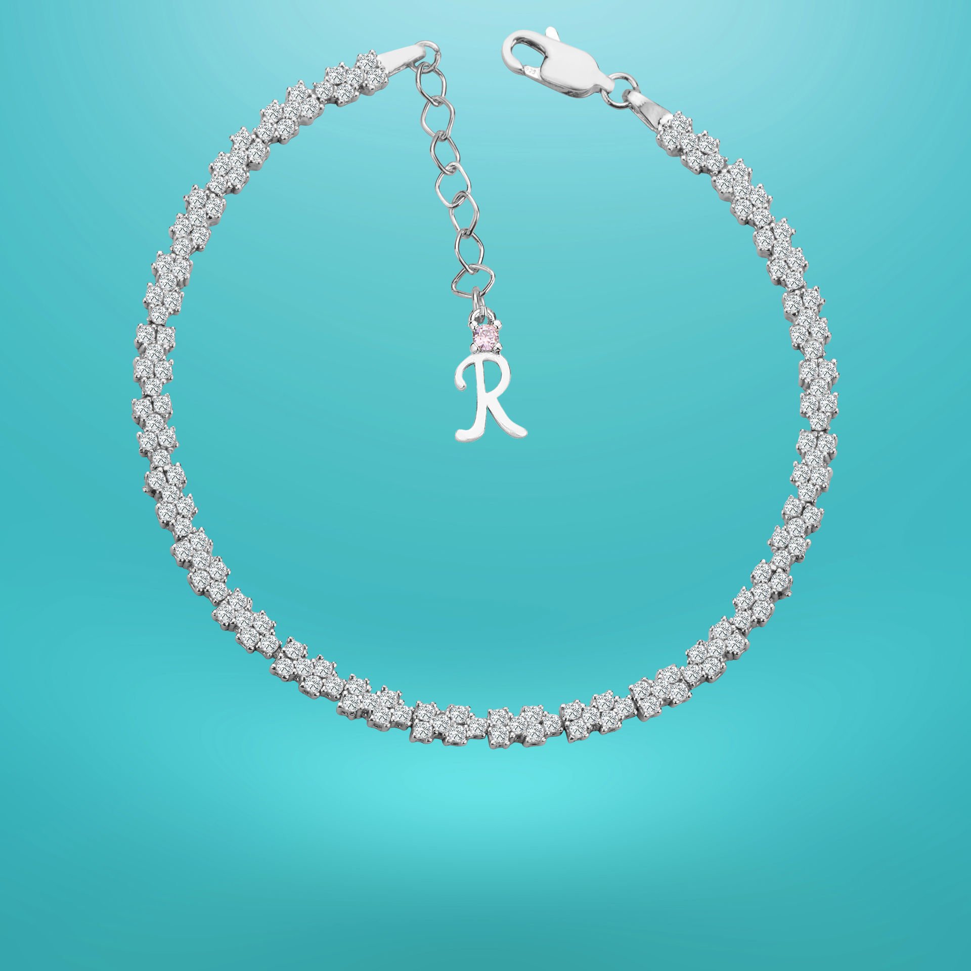 925 Ayar Gümüş Pırlanta Montürlü Zincir Harfli Su Yolu Bileklik R