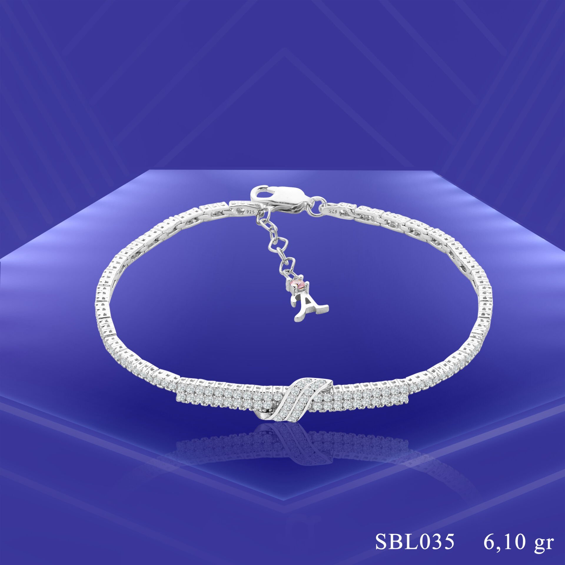 925 Ayar Gümüş Pırlanta Montür Kemer Harfli Su Yolu Bileklik